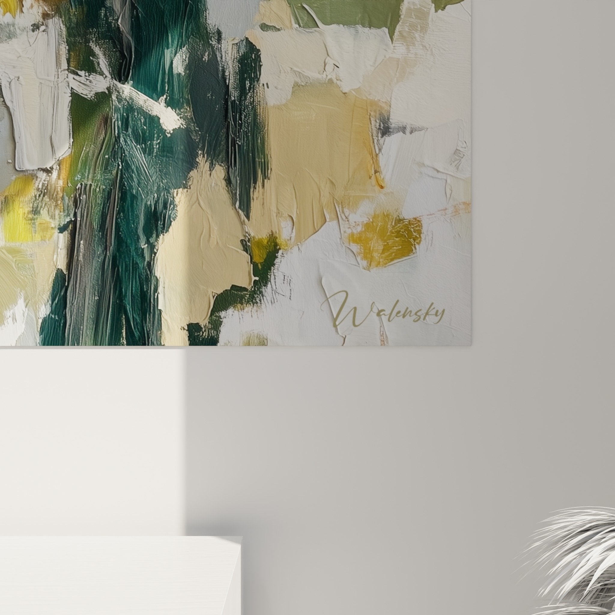 Overview abstract green and ochre wall art living room Feng shui East Wood decoration