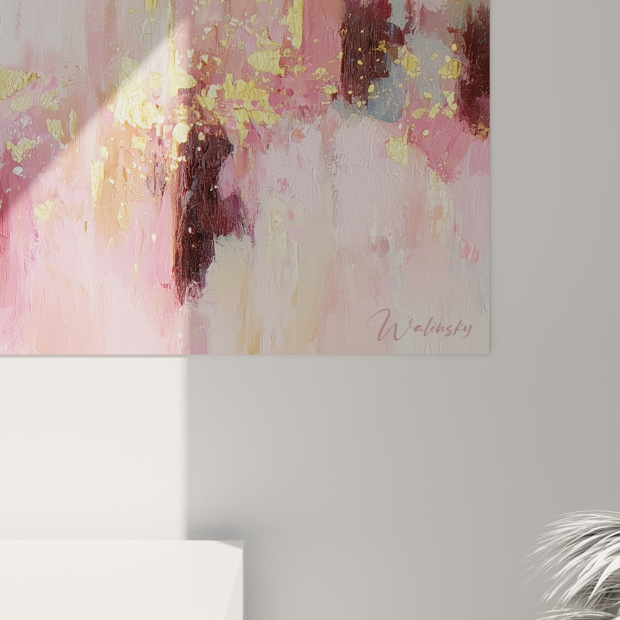 Vue ensemble tableau abstrait rose or salon decoration feng shui sud ouest harmonieuse