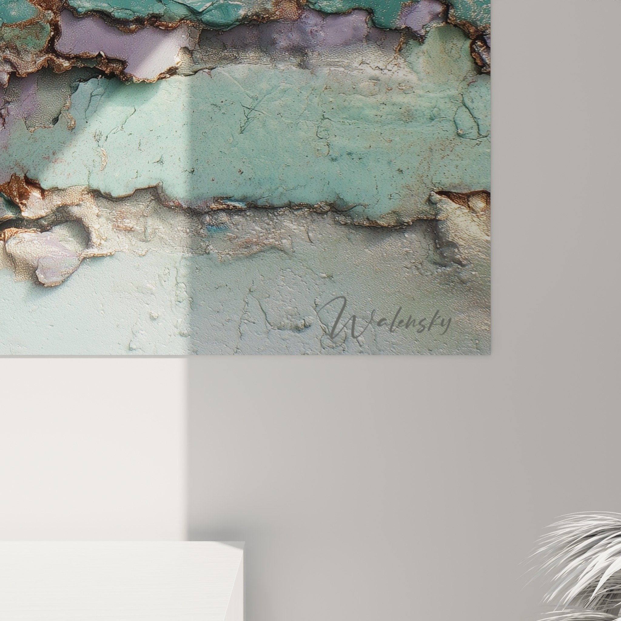 Abstract cracked turquoise and purple wall art for feng shui southeast living room wood decor