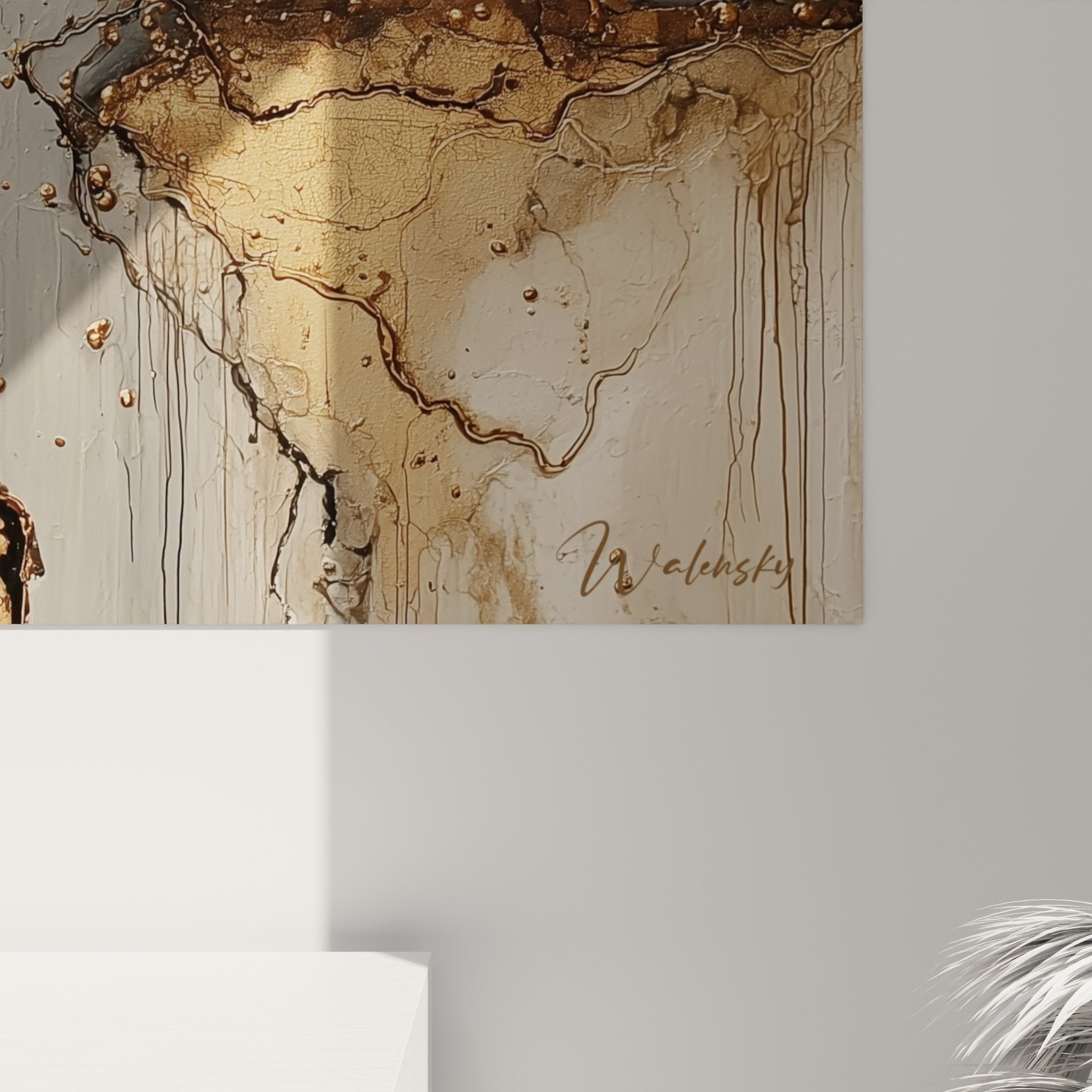 Abstract earthy painting in ochre and gray tones, balanced feng shui wall decor
