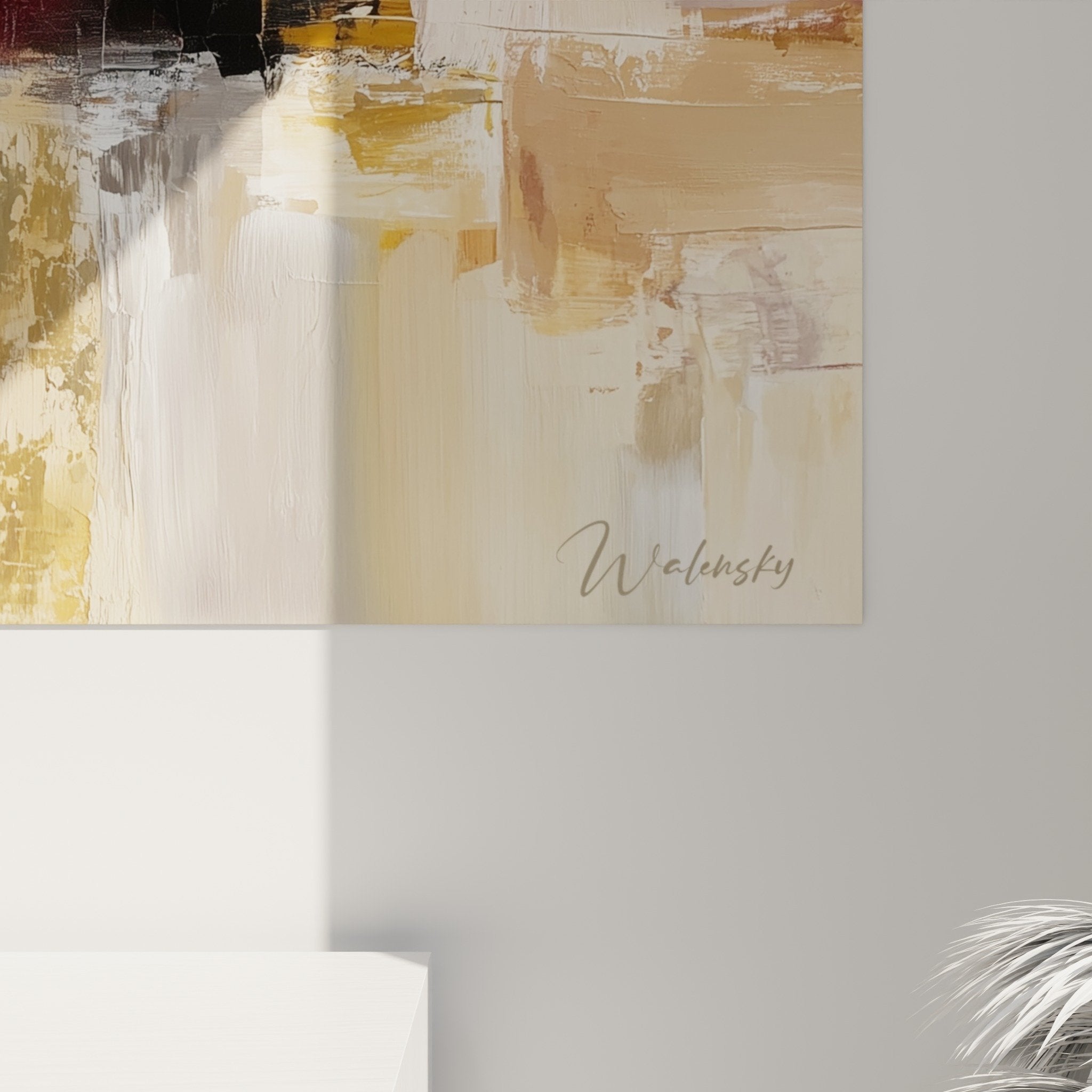 Vue ensemble tableau abstrait tons chauds bordeaux ocre beige composition moderne Feng shui Sud Feu