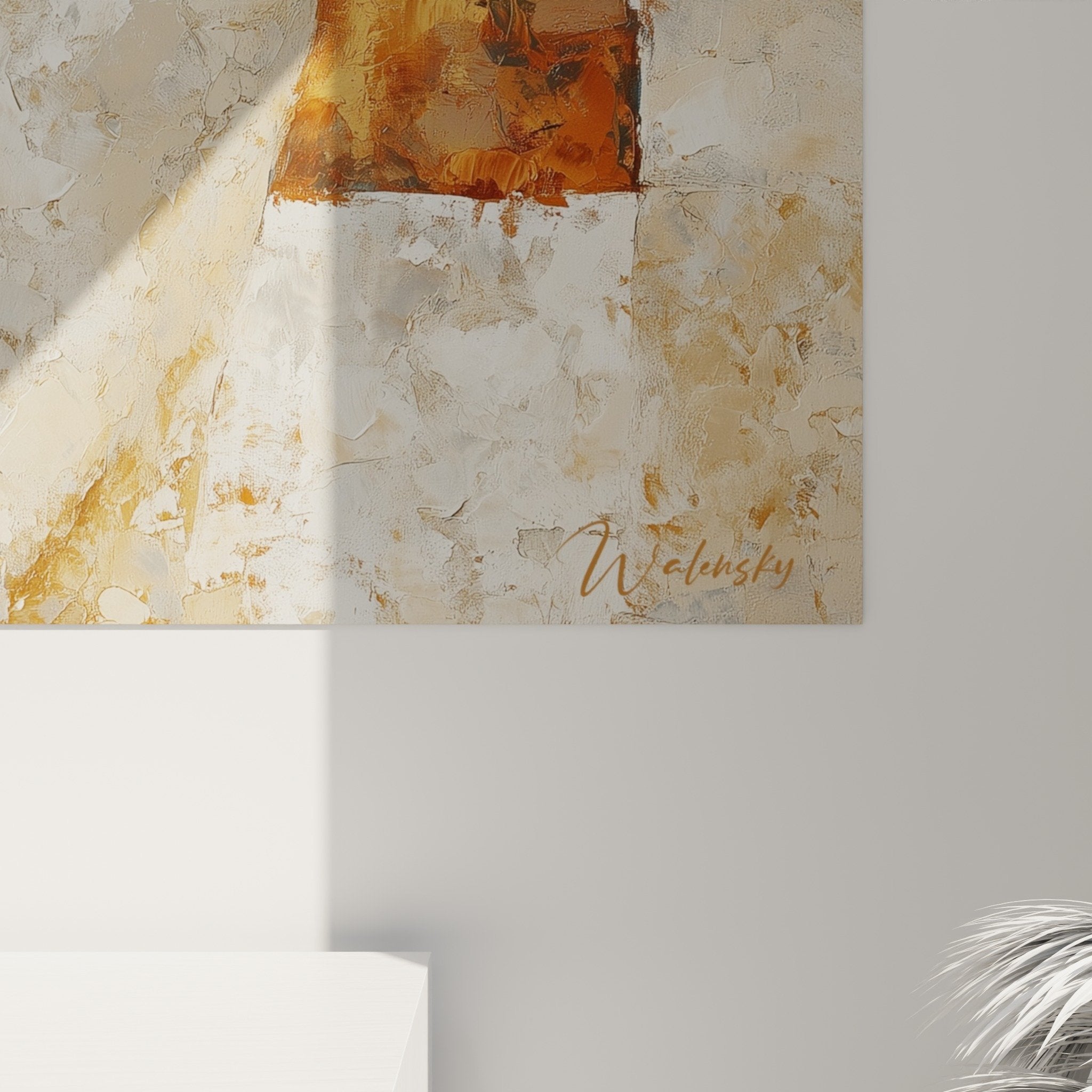 Abstract portrait wall art painting natural tones beige ochre contemporary zen style full view