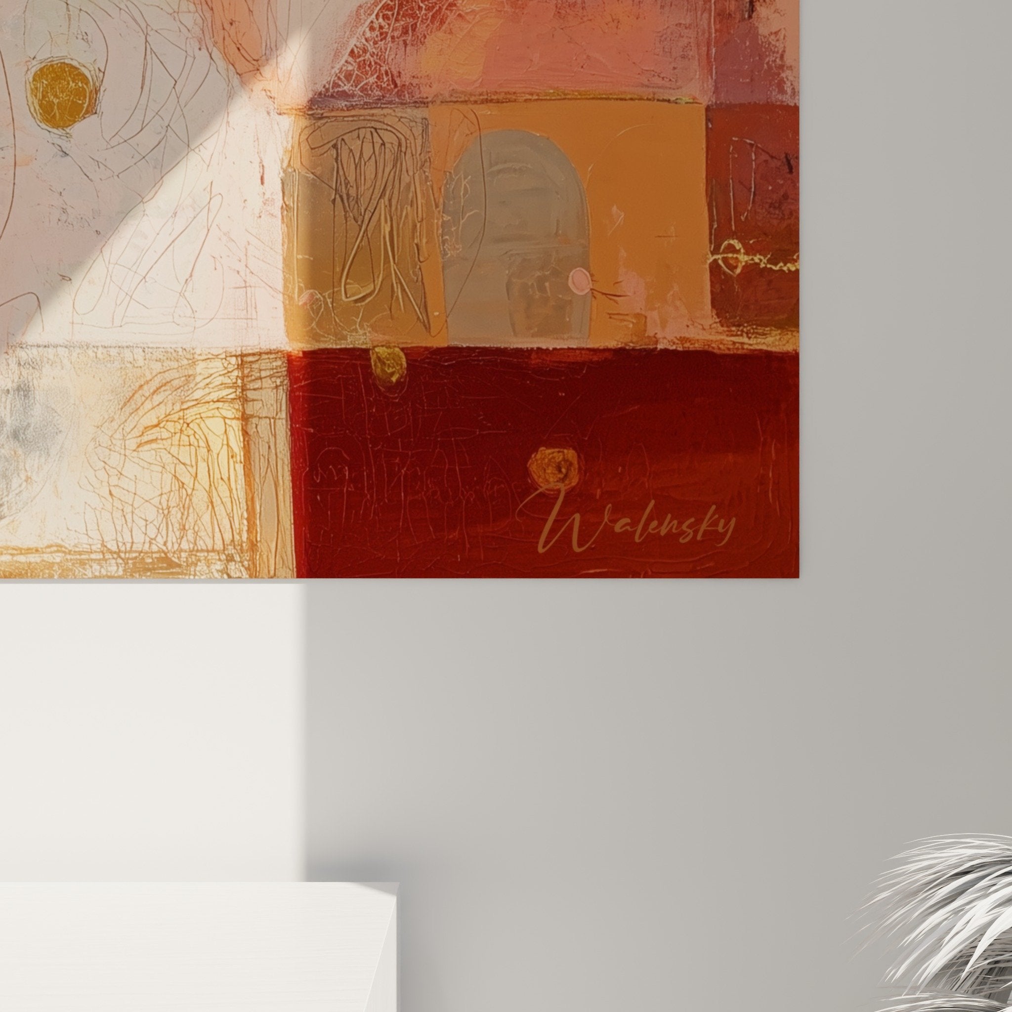 Vue ensemble tableau abstrait tons terre palette ocre beige composition organique feng shui sud-ouest terre