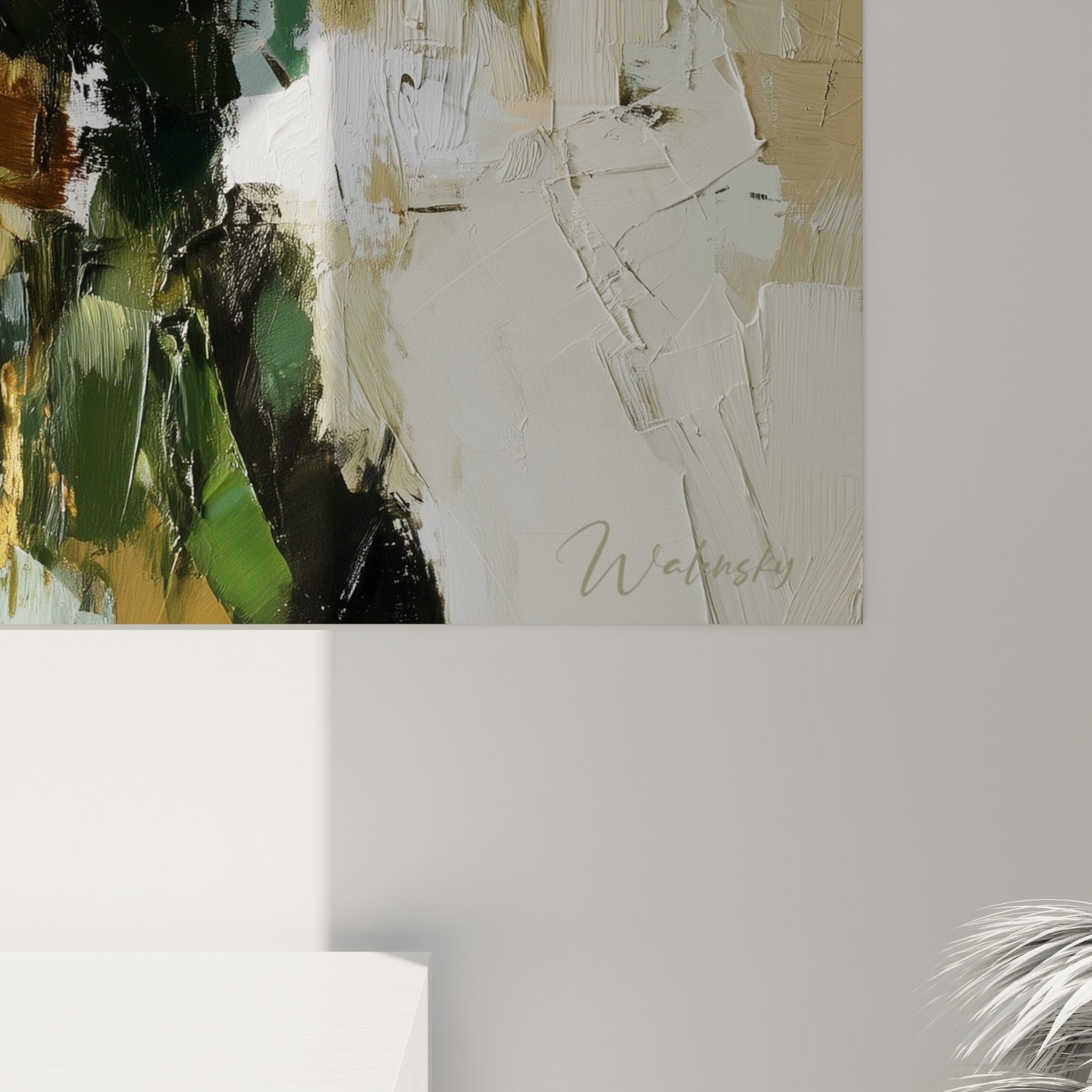 abstract green and ochre painting full view natural ambiance modern interior decoration