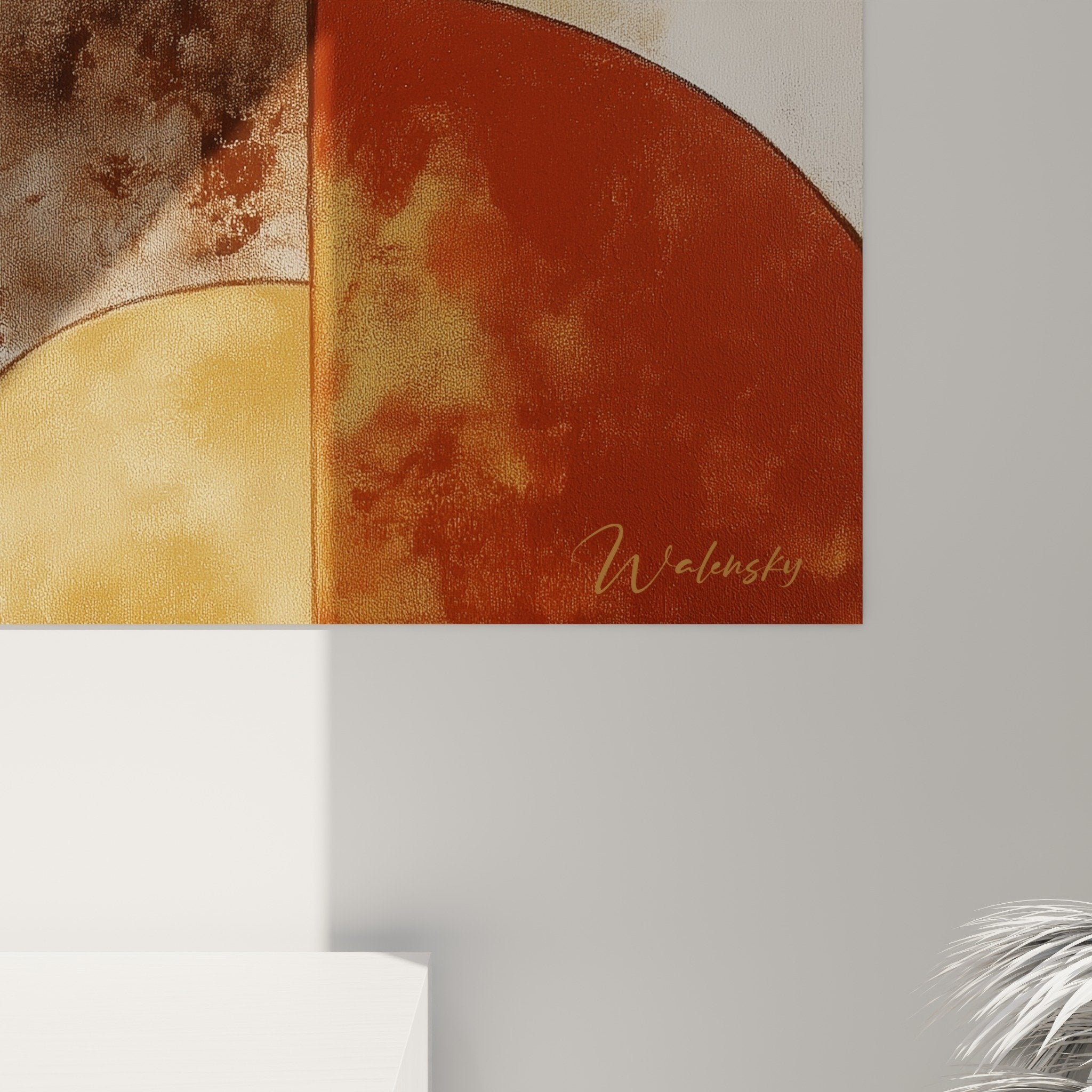 vue ensemble tableau africain abstrait geometrique tons chauds decoration interieure moderne