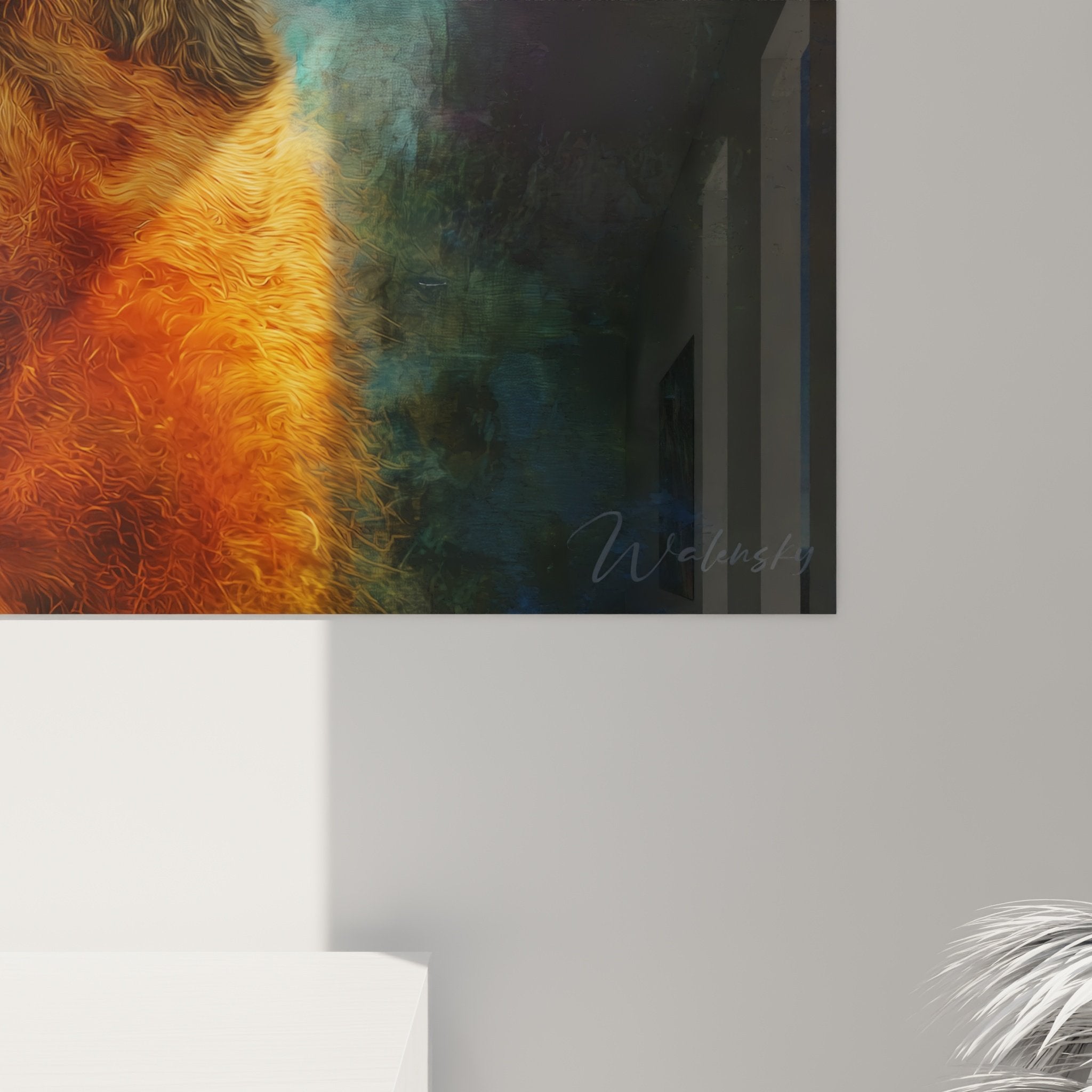 Vue ensemble tableau mural Airedale Terrier portrait, œuvre art animalier moderne tons dorés roux