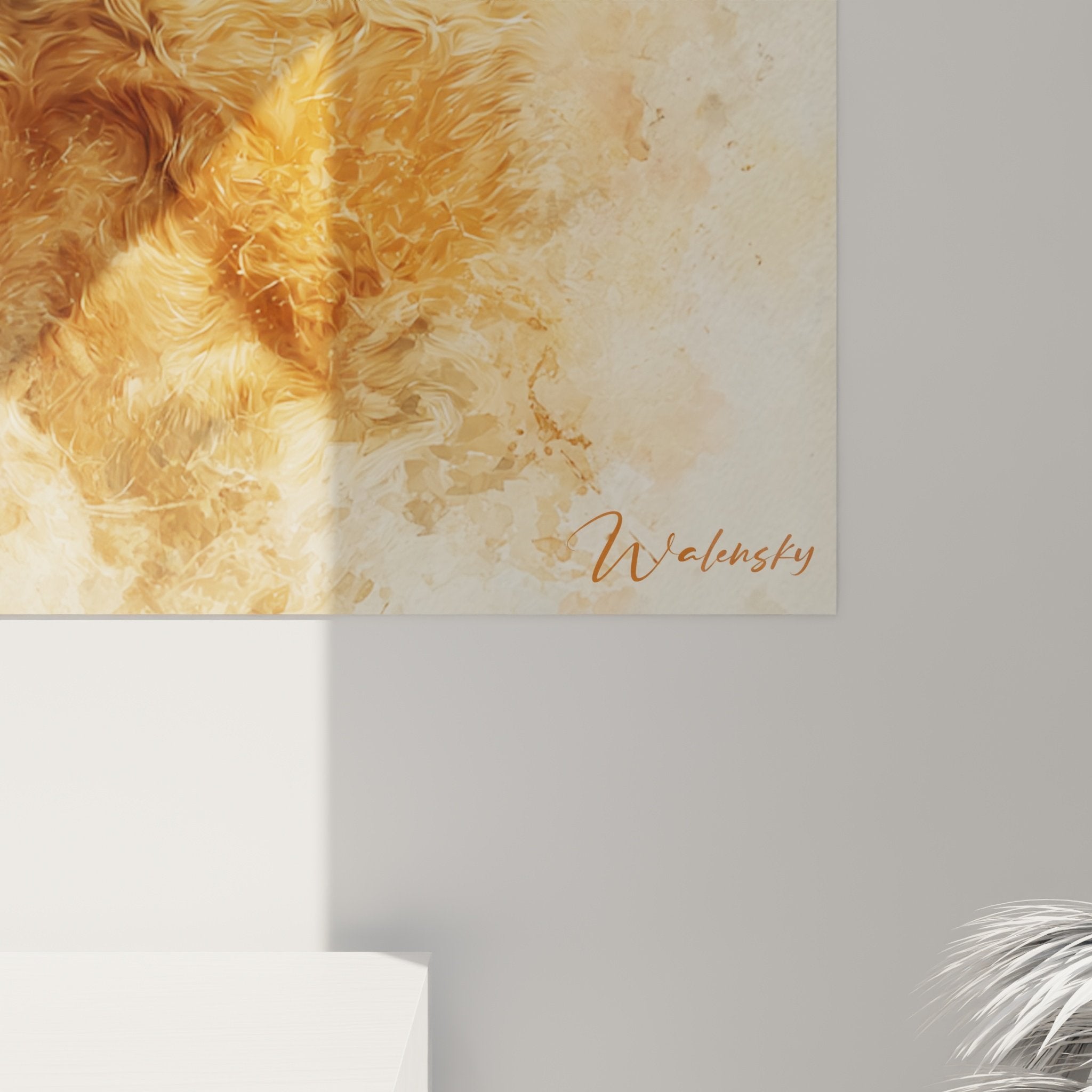 Gesamtansicht Airedale-Terrier-Gemälde im zeitgenösslichen Wohnzimmer, Wanddekoration in Warmtönen