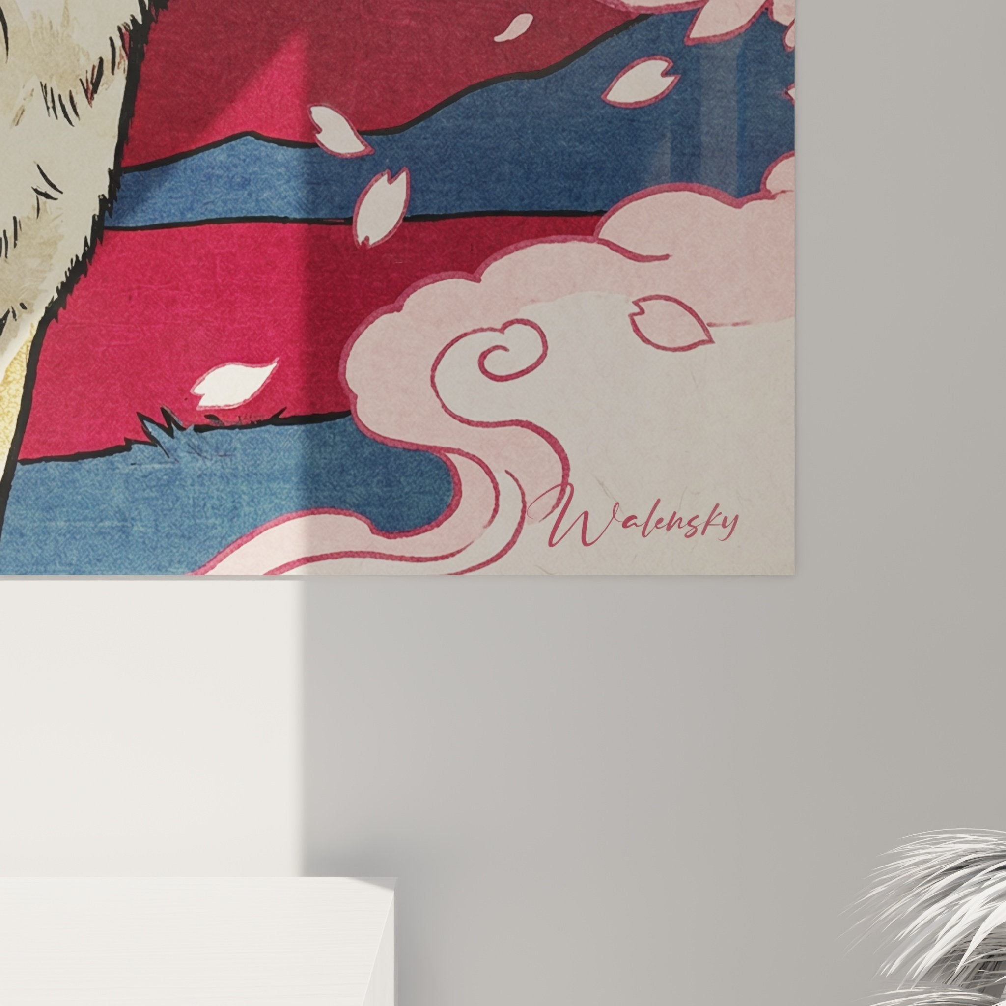 Overall view akita inu painting cherry blossoms flowers living room wall decoration Japanese art red burgundy dog