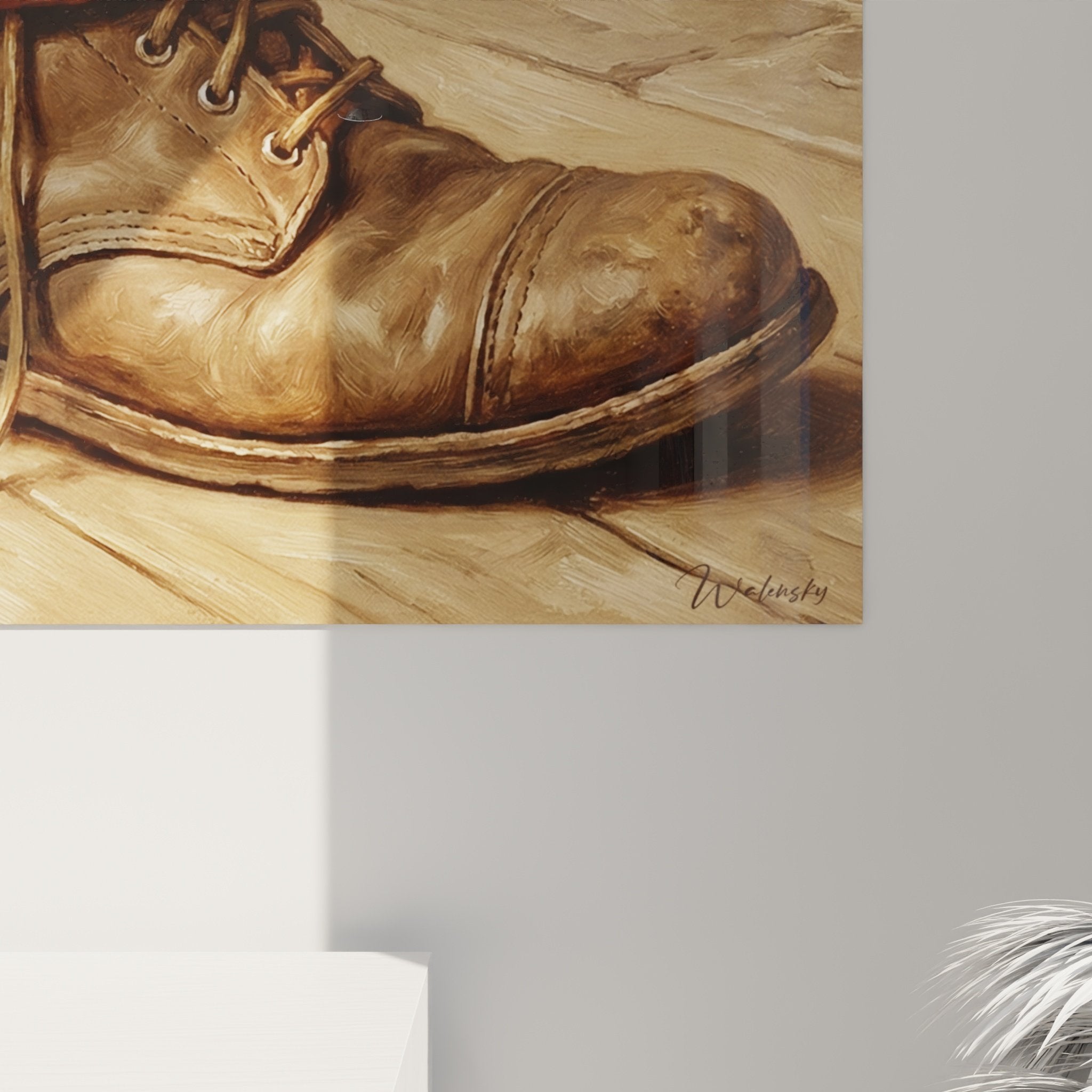 Vue ensemble tableau mural chiot Akita Inu chaussure decoration interieur tons ocre et beige