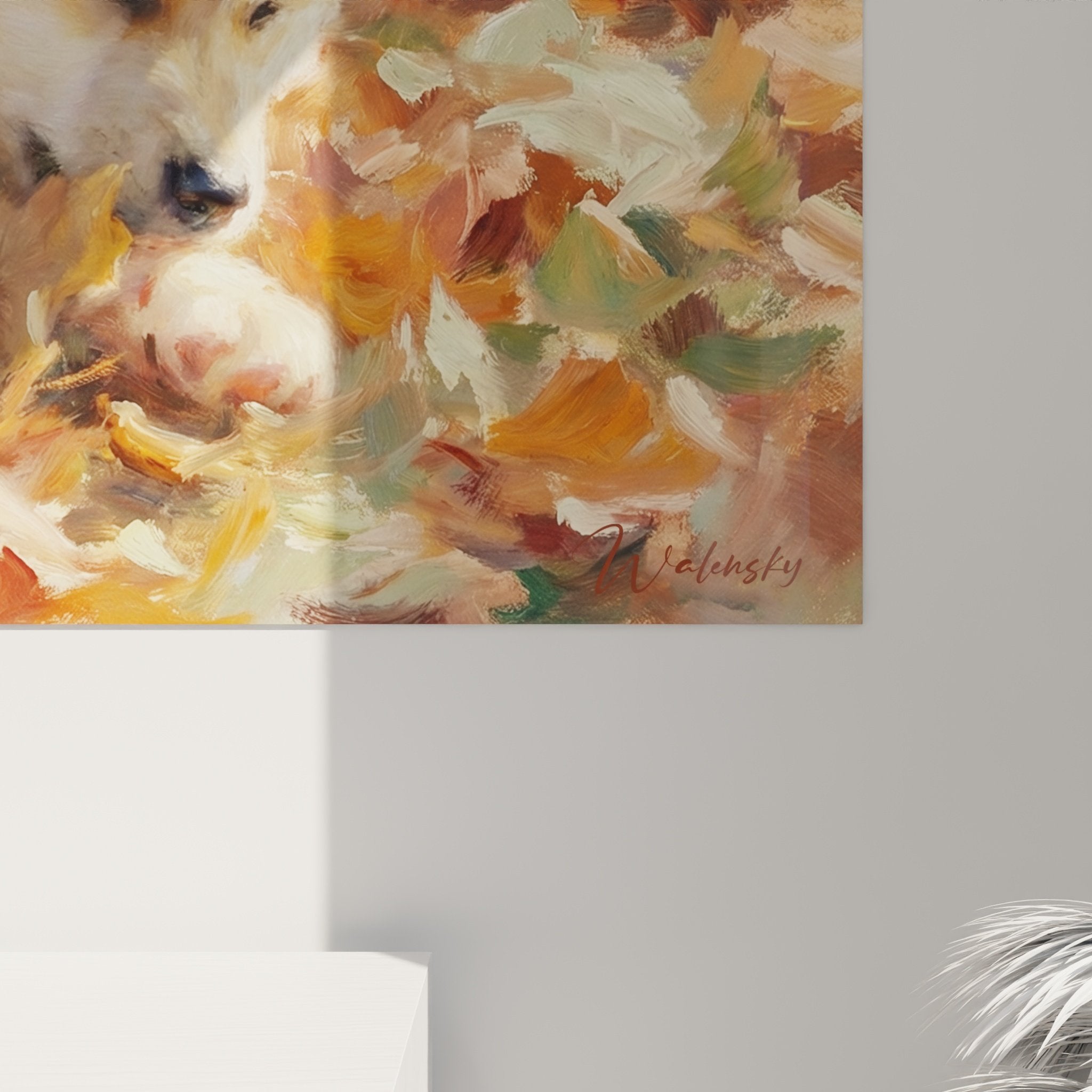 Gesamtansicht Akita Inu Welpe Herbst Gemälde im Wohnzimmer harmonische Wanddekoration warme Naturtöne