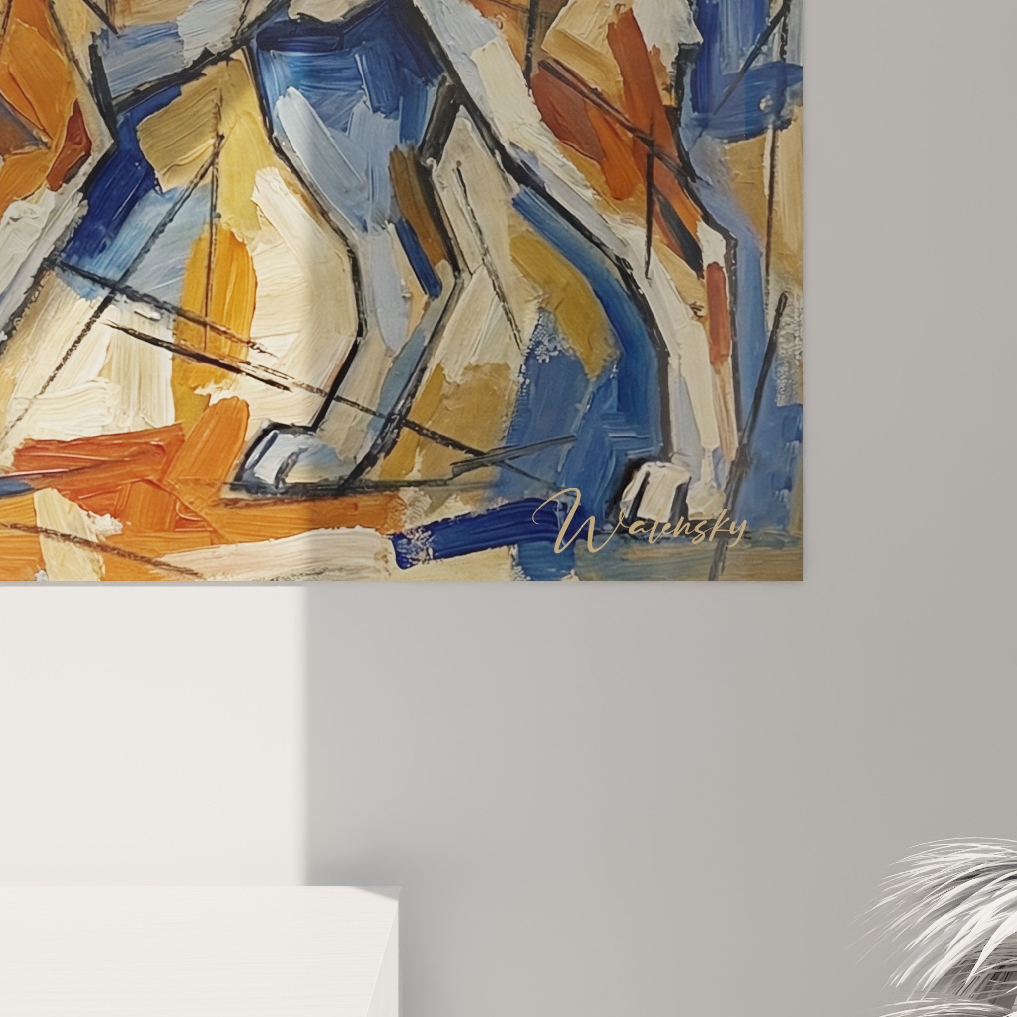 Vue ensemble tableau mural Akita Inu famille géométrique bleu orange décoration intérieure art contemporain
