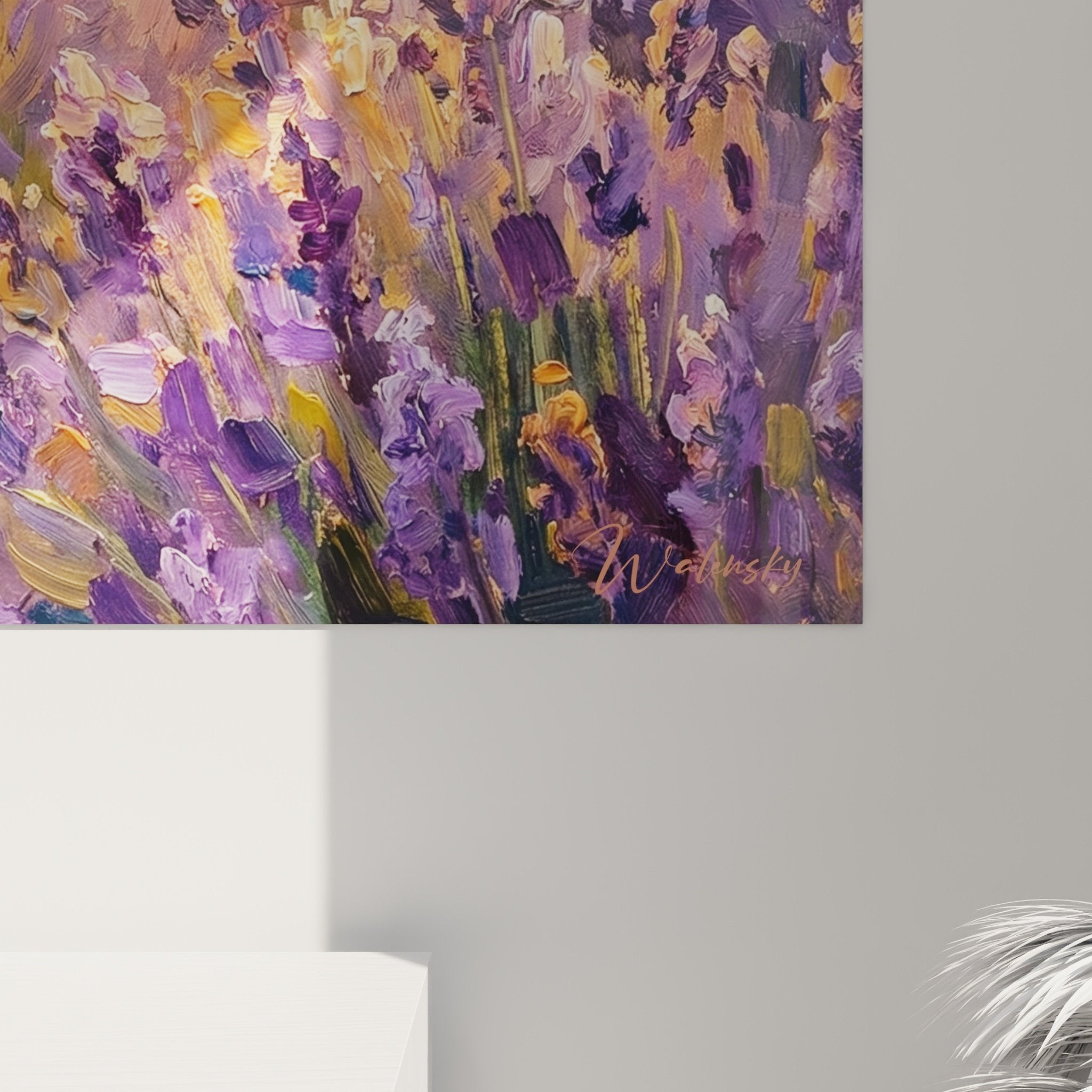 Full view of Akita Inu landscape painting with lavender Provençal scenery and orange sky interior decoration natural style