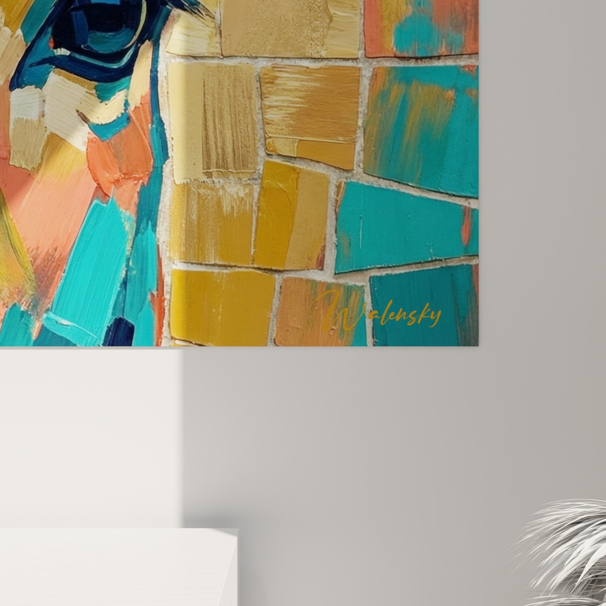 Overall view expressionist donkey painting vibrant colors wall art contemporary mosaïque colorful