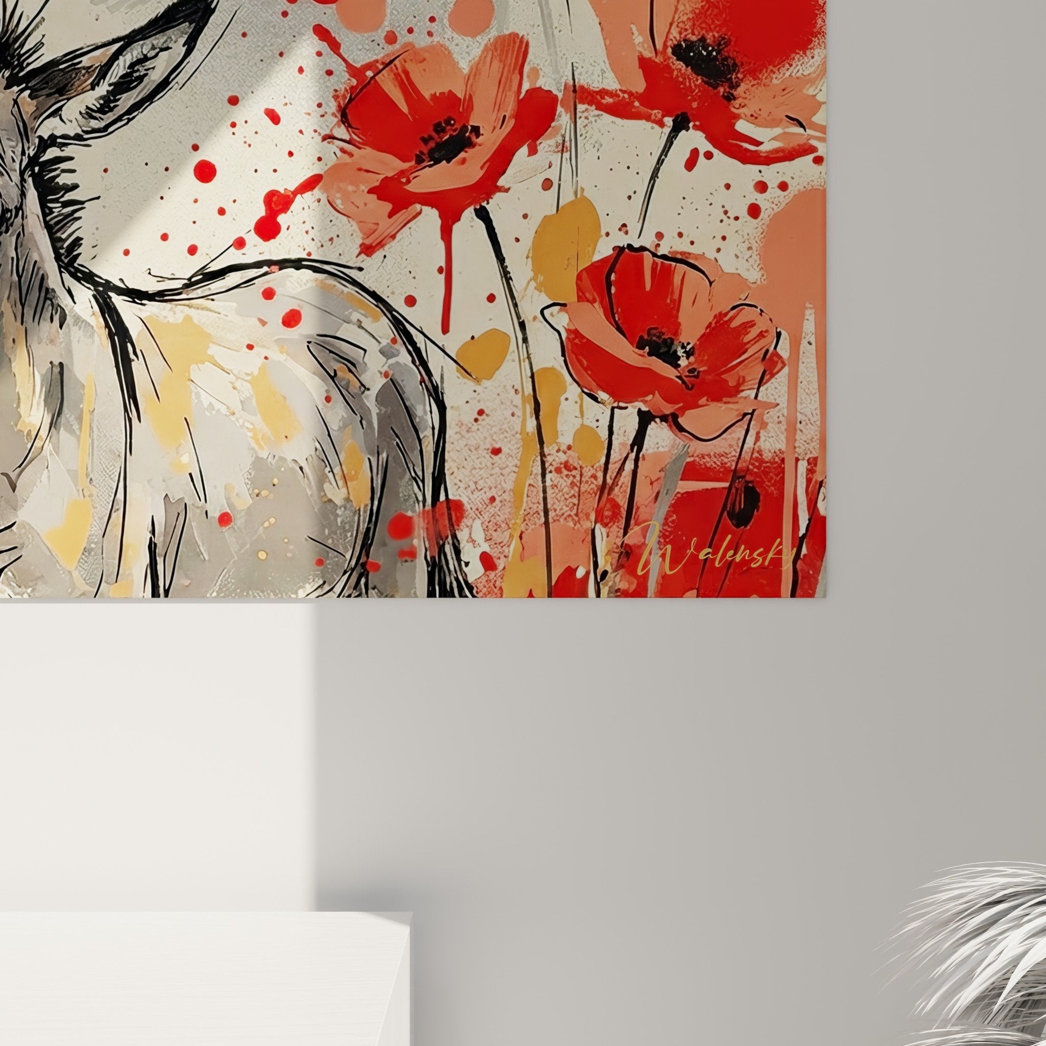 Gesamtansicht Gemälde Esel rote Mohnblumen Innendekoration moderner rustikaler Stil
