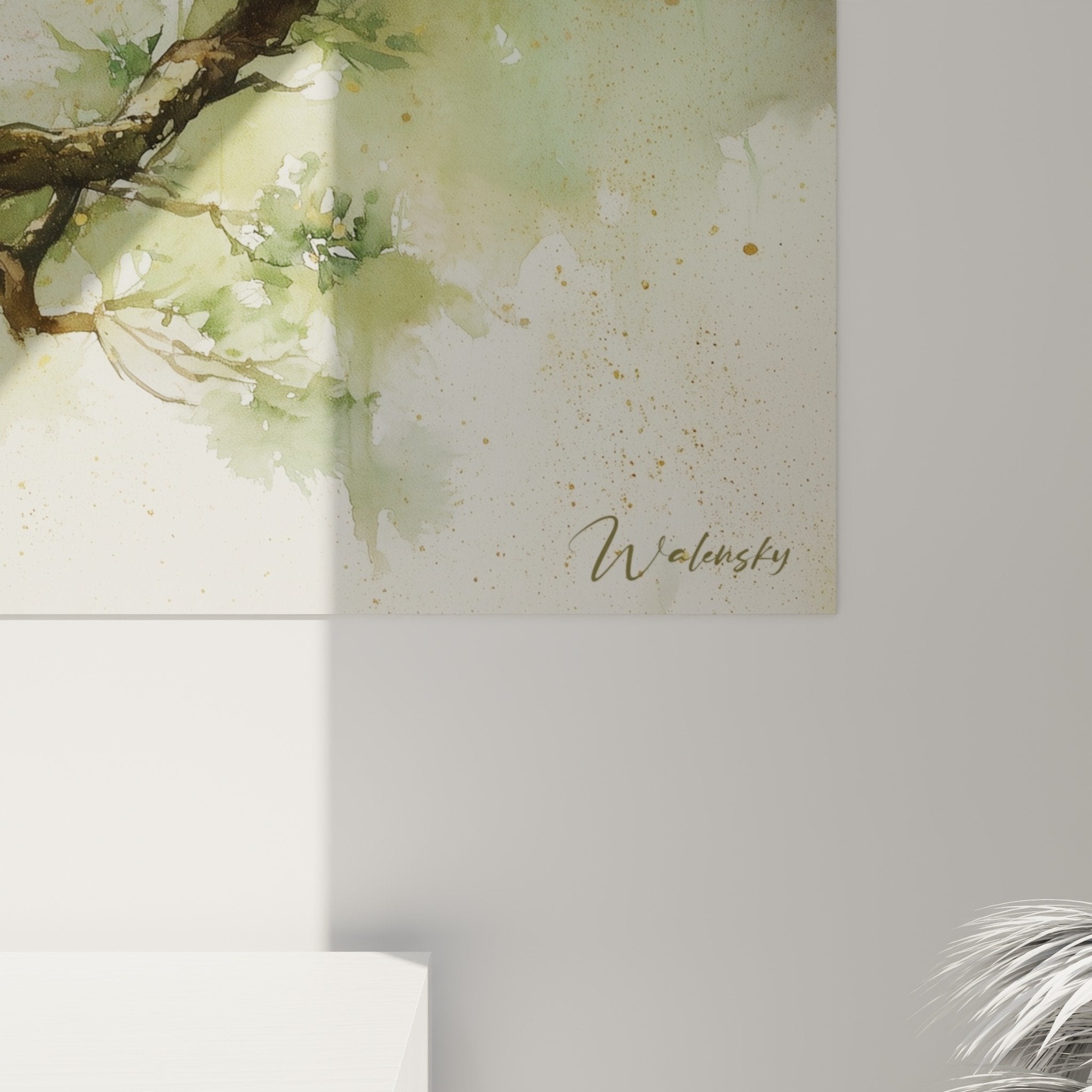 Gesamtansicht grünes Baum-Gemälde japanische Wanddekoration Feng-Shui Holz modernes Wohnzimmer