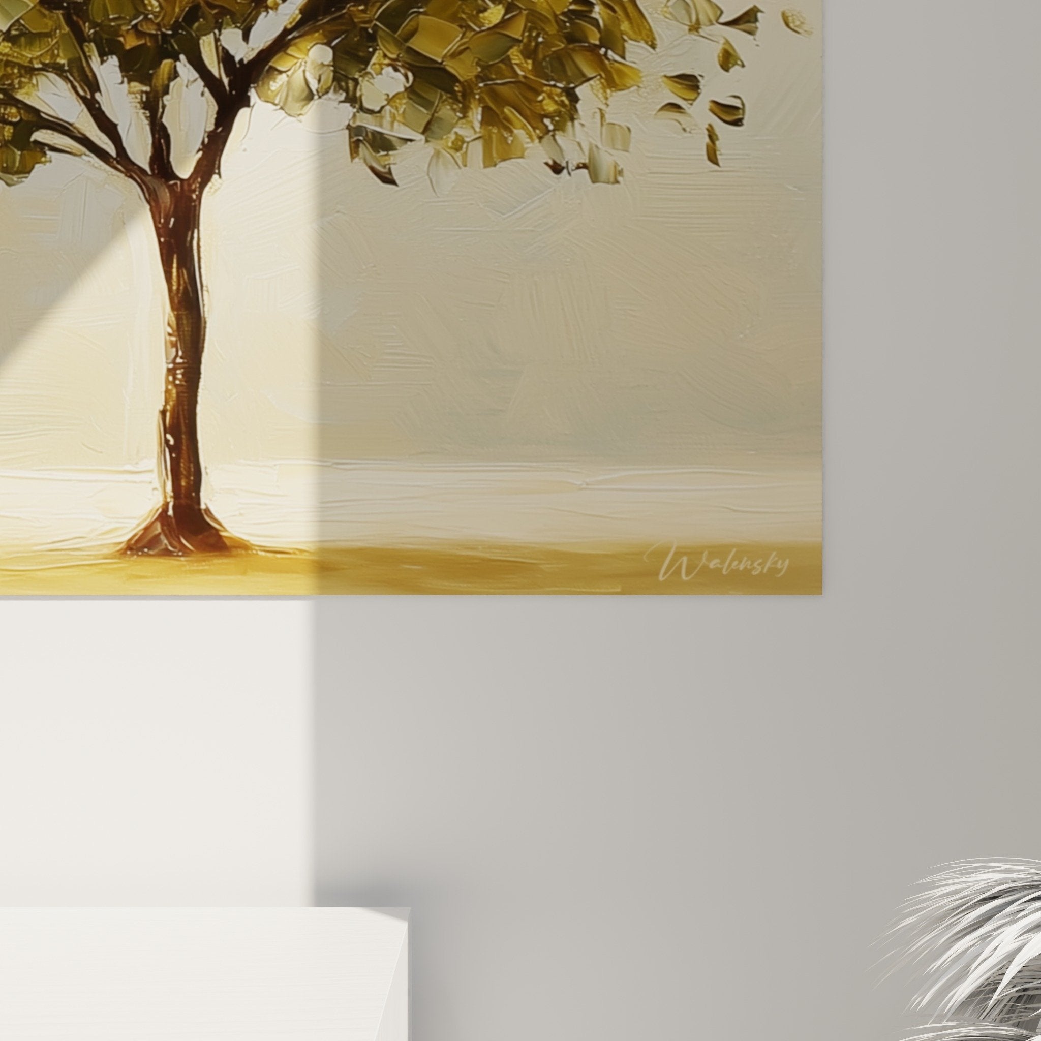 Vue ensemble tableau arbre de vie tons beiges dores decoration interieure moderne