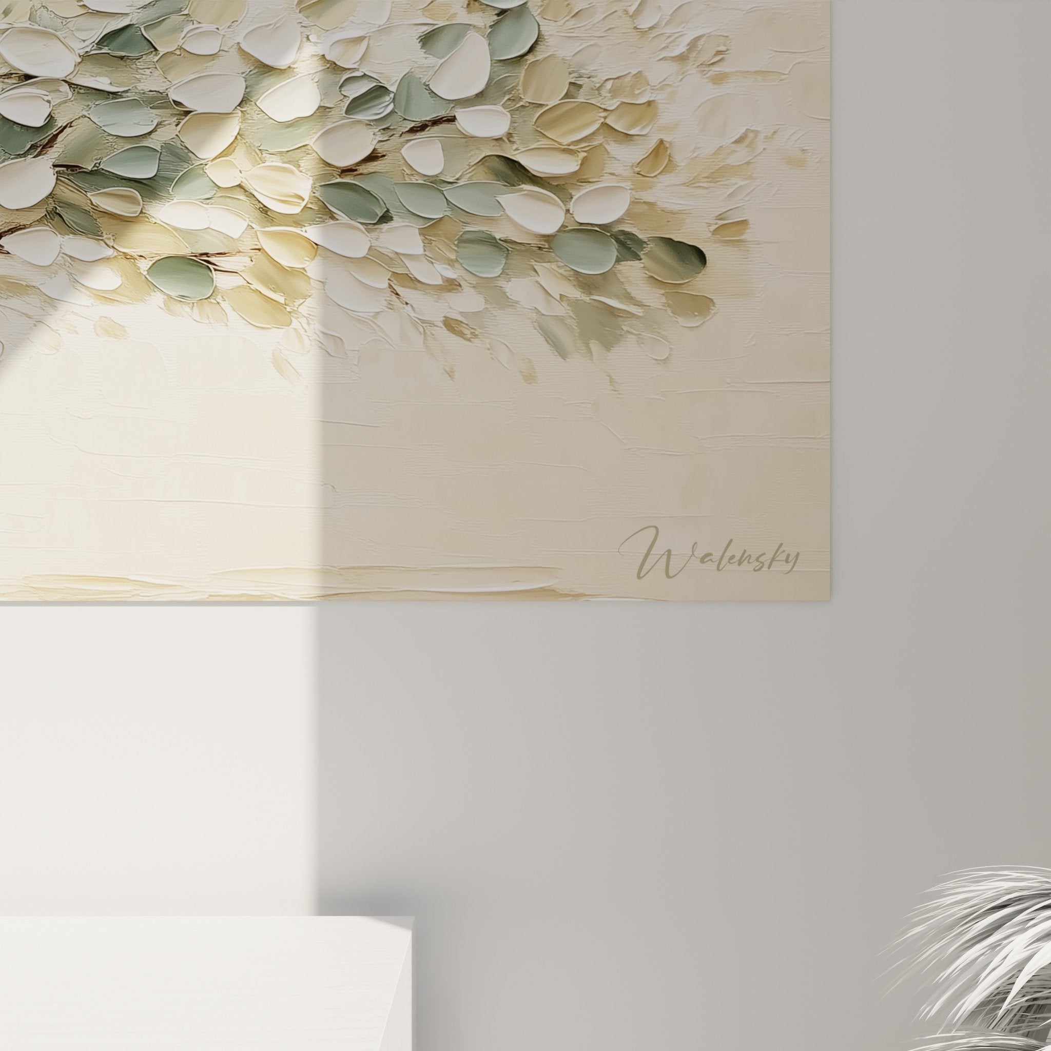 Vue ensemble tableau arbre de vie horizontal decoration murale naturelle tons neutres