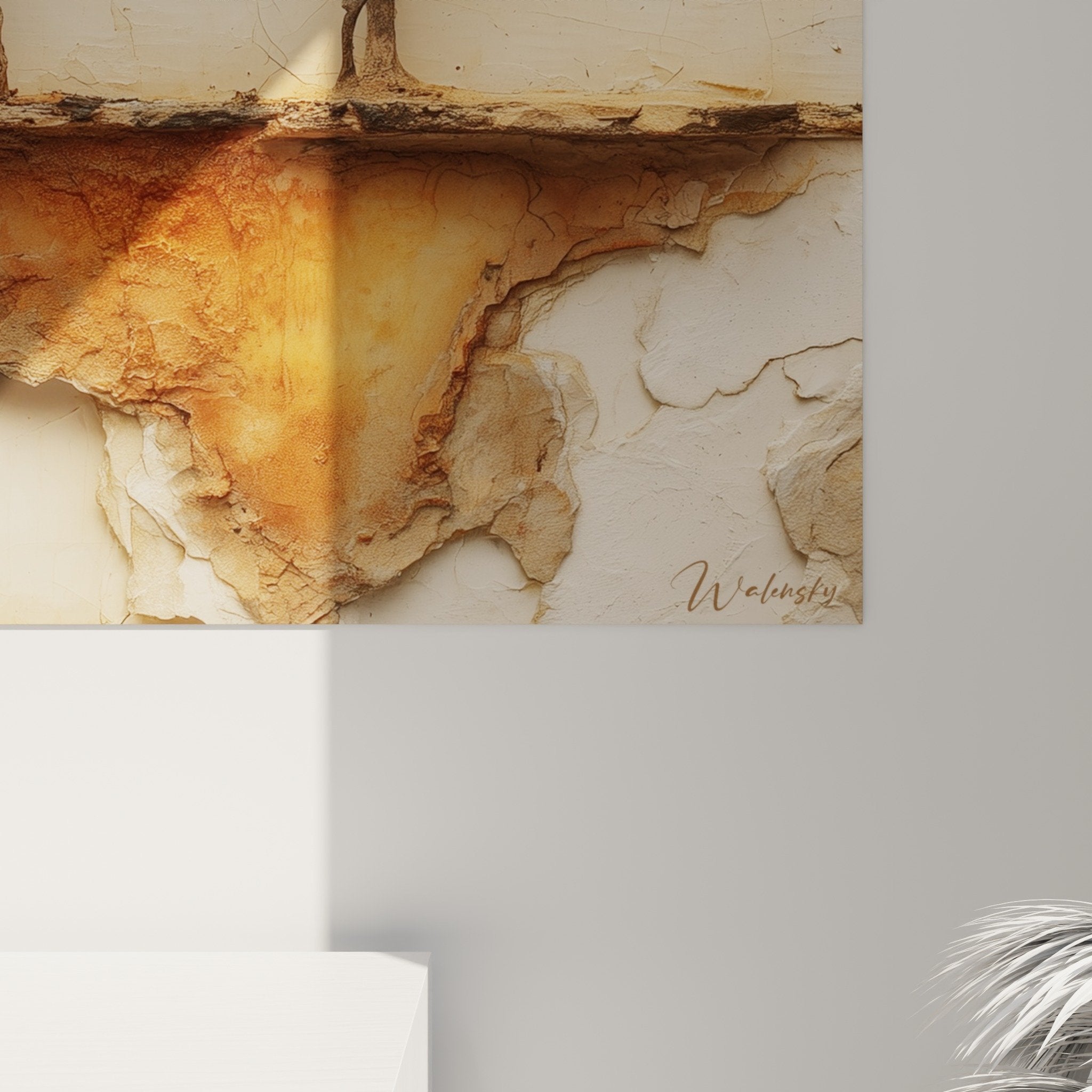 Full view bare trees wall art on cracked beige background interior decoration feng shui