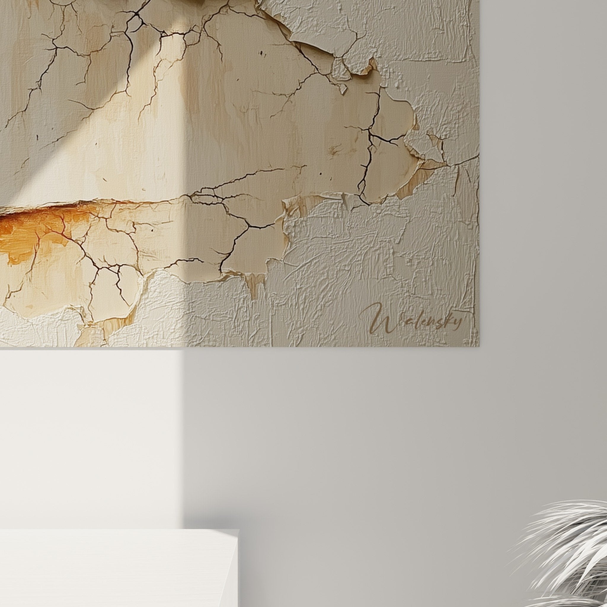vue ensemble tableau arbres texture craquele tons neutres beiges decoration murale feng shui nord est terre