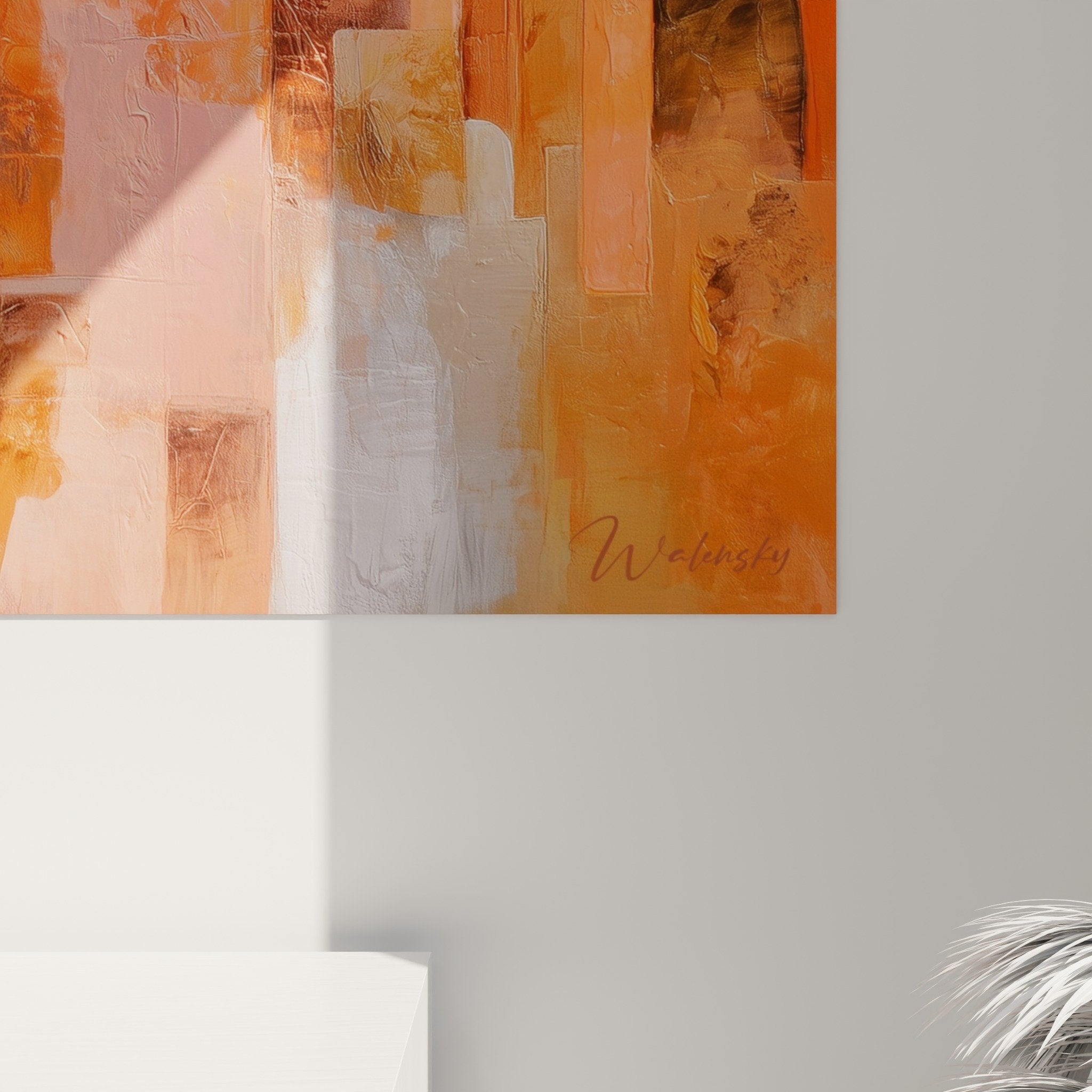 Abstract orange architecture artwork on white wall modern interior feng shui decoration