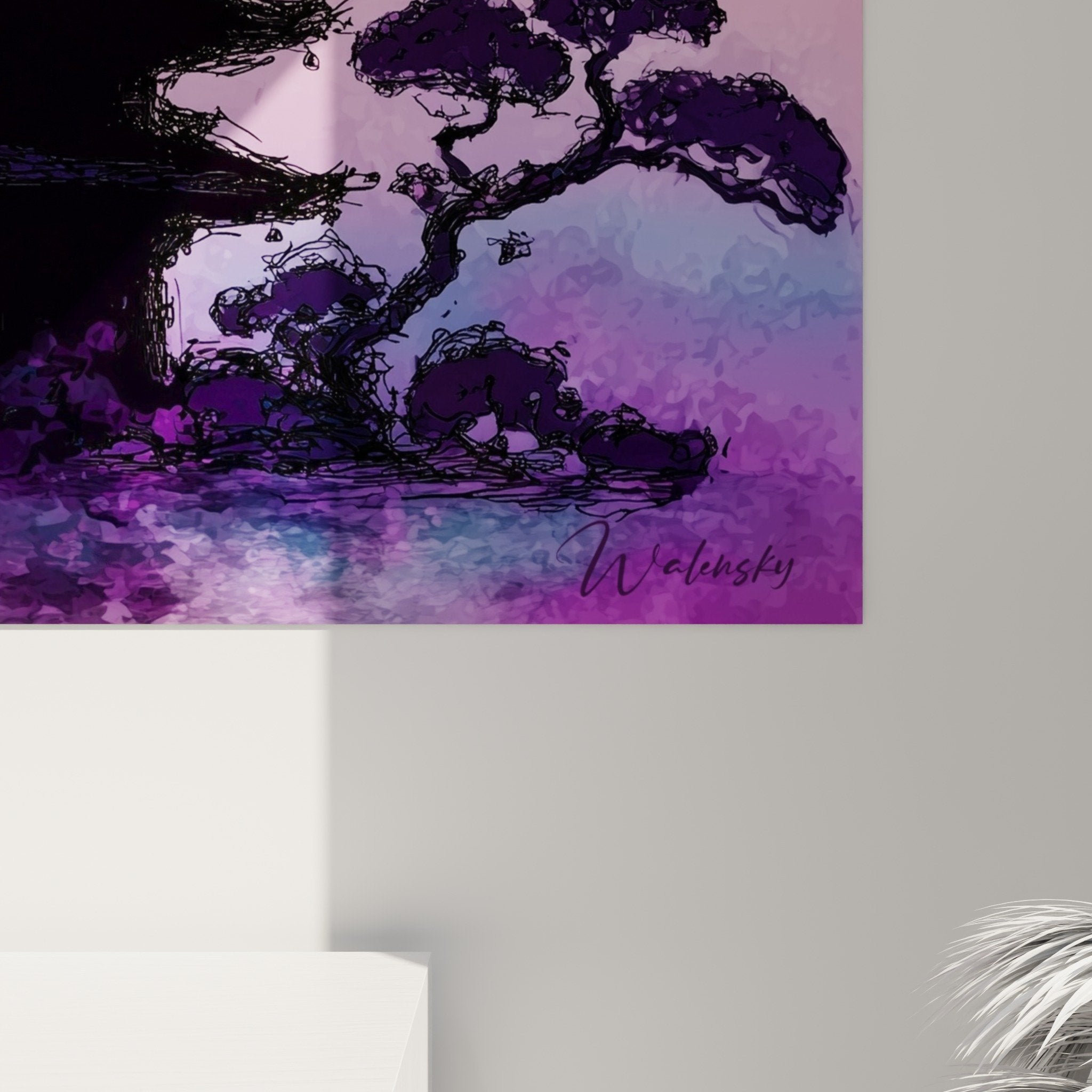 Vue ensemble tableau pagode architecture japonaise cerisiers fleurs tons pastel decoration murale