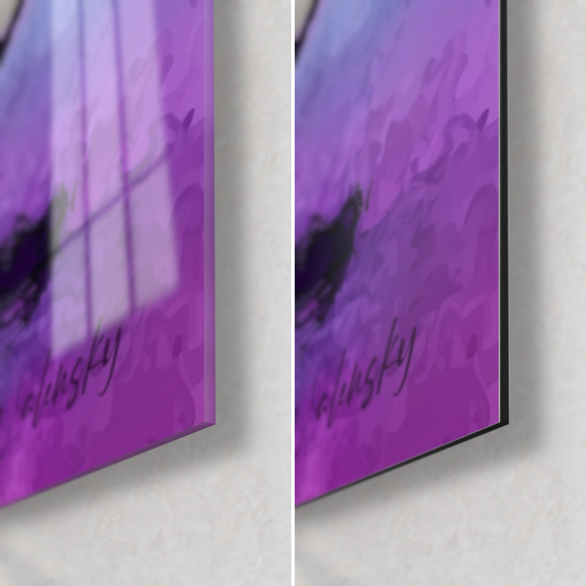 Schilderij van een zwarte Japanse toren, paarse en purperen hoek rechtsonder, glanzend acrylglas links, mat Dibond rechts, dikte 3 mm