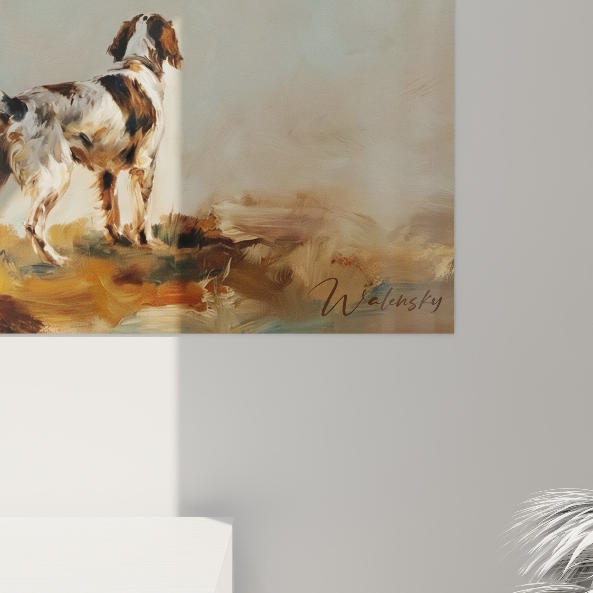 Panoramica quadro arte animale Setter Inglese campagna cielo nuvoloso decorazione interiore
