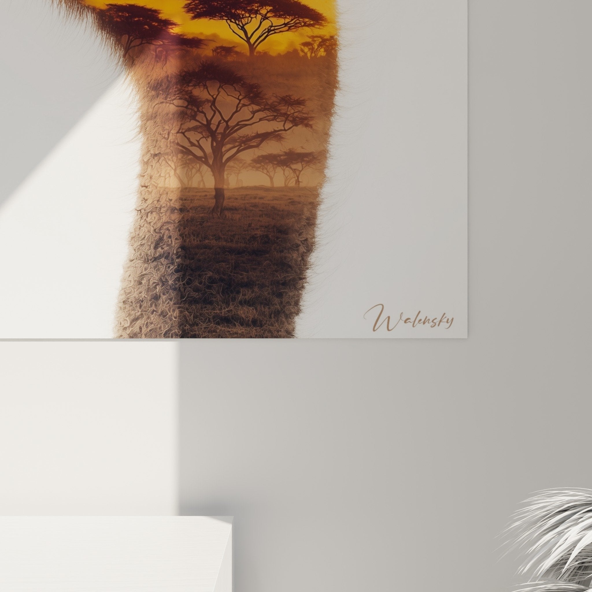Vue ensemble tableau autruche africaine decoration murale salon tons ocre art animalier moderne