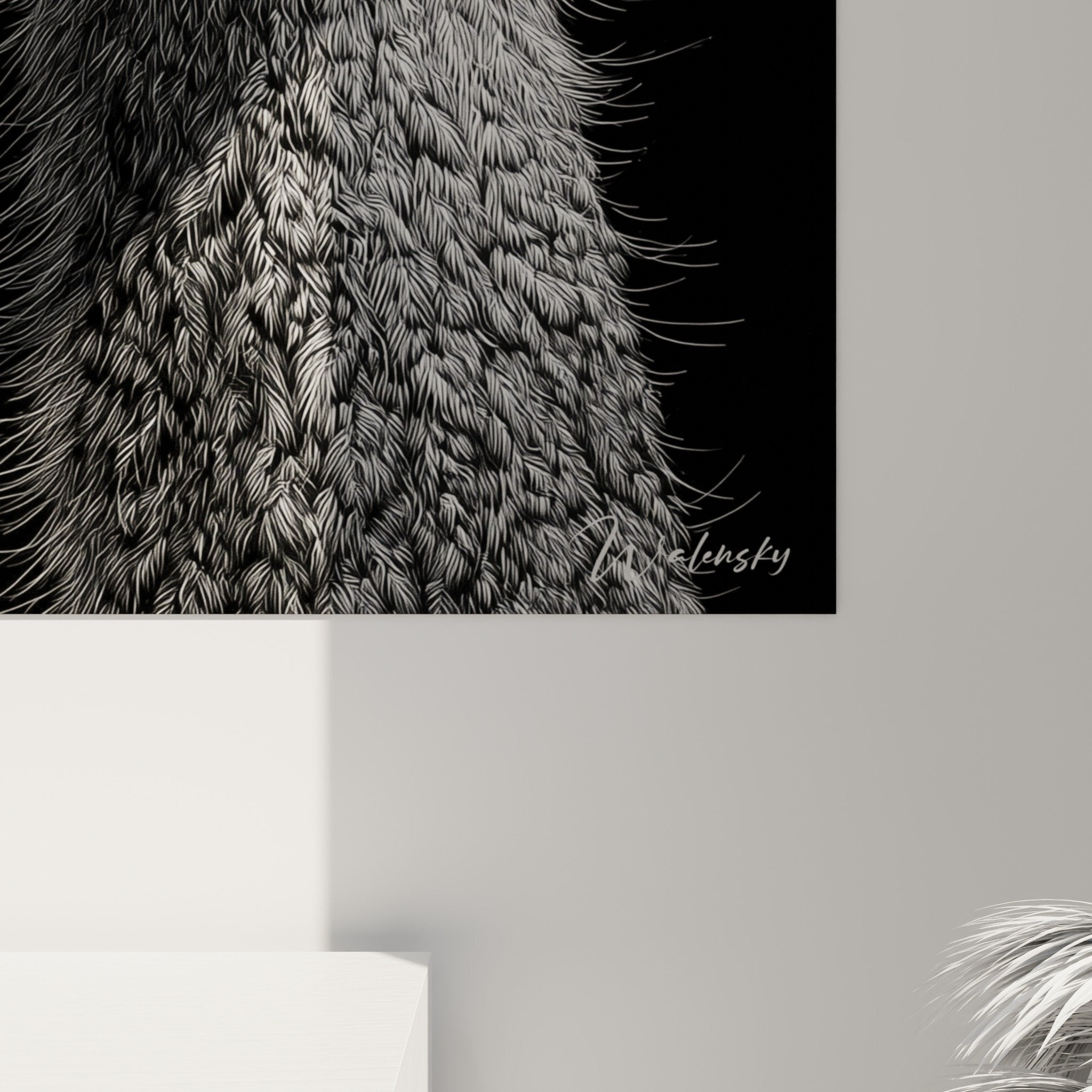 Vue ensemble tableau autruche noir blanc salon moderne decoration murale art contemporain portrait animalier grand format