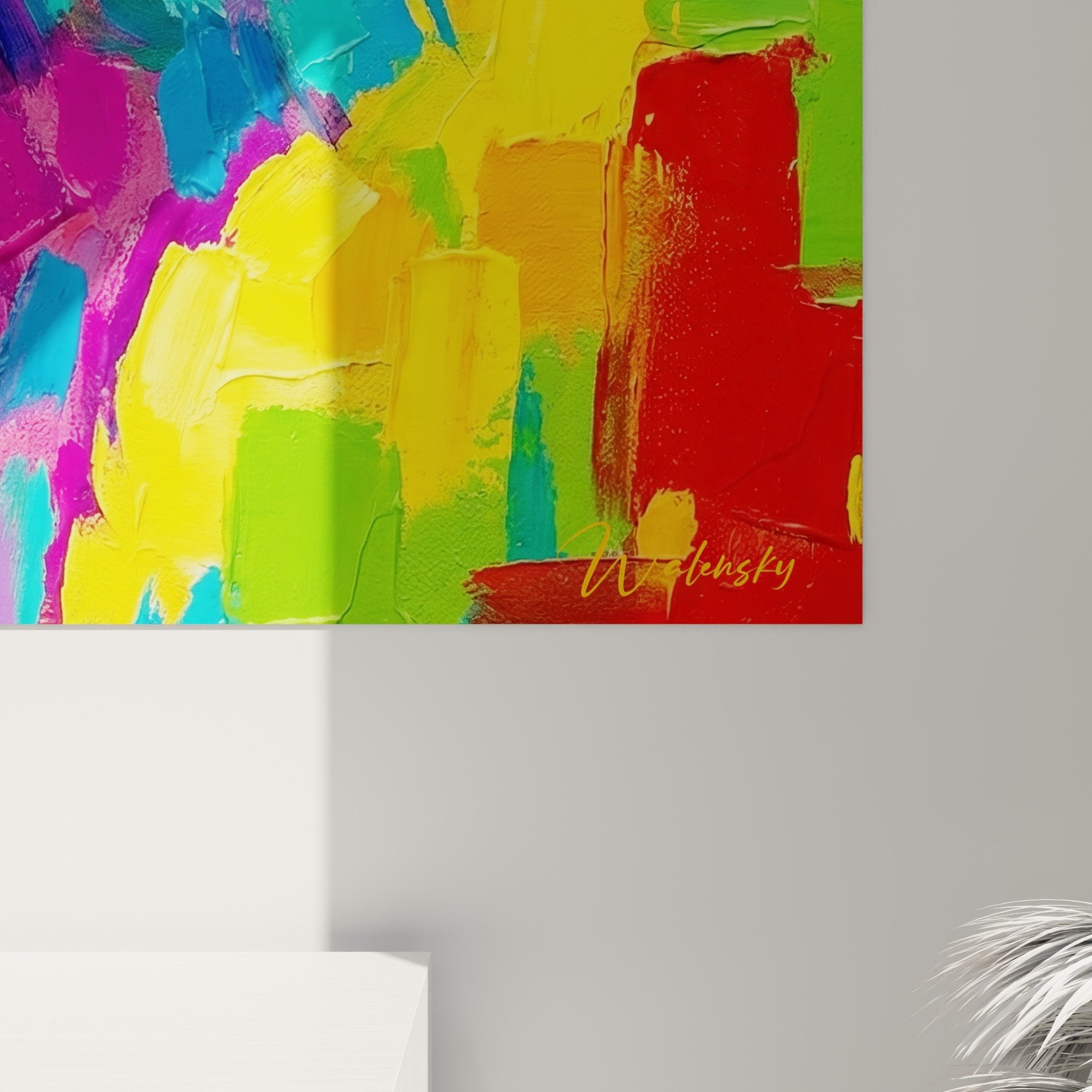 Gesamtansicht mehrfarbiges Straußen-Wandbild modernes Wohnzimmer Inneneinrichtung zeitgenössische Wandkunst