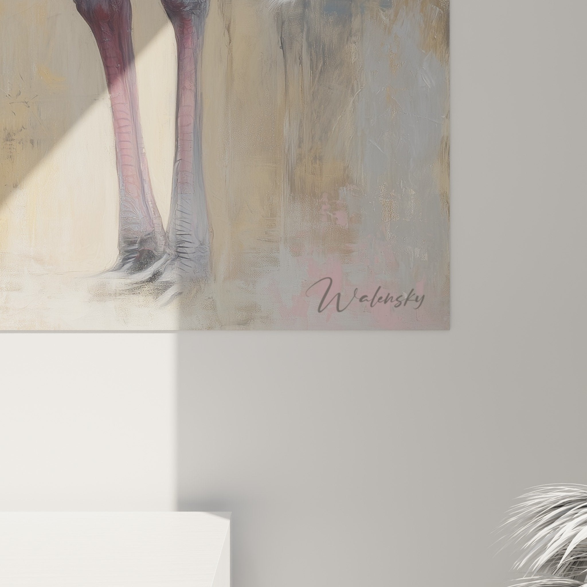 Vue ensemble tableau autruche salon moderne décoration murale art animalier ambiance naturelle élégante