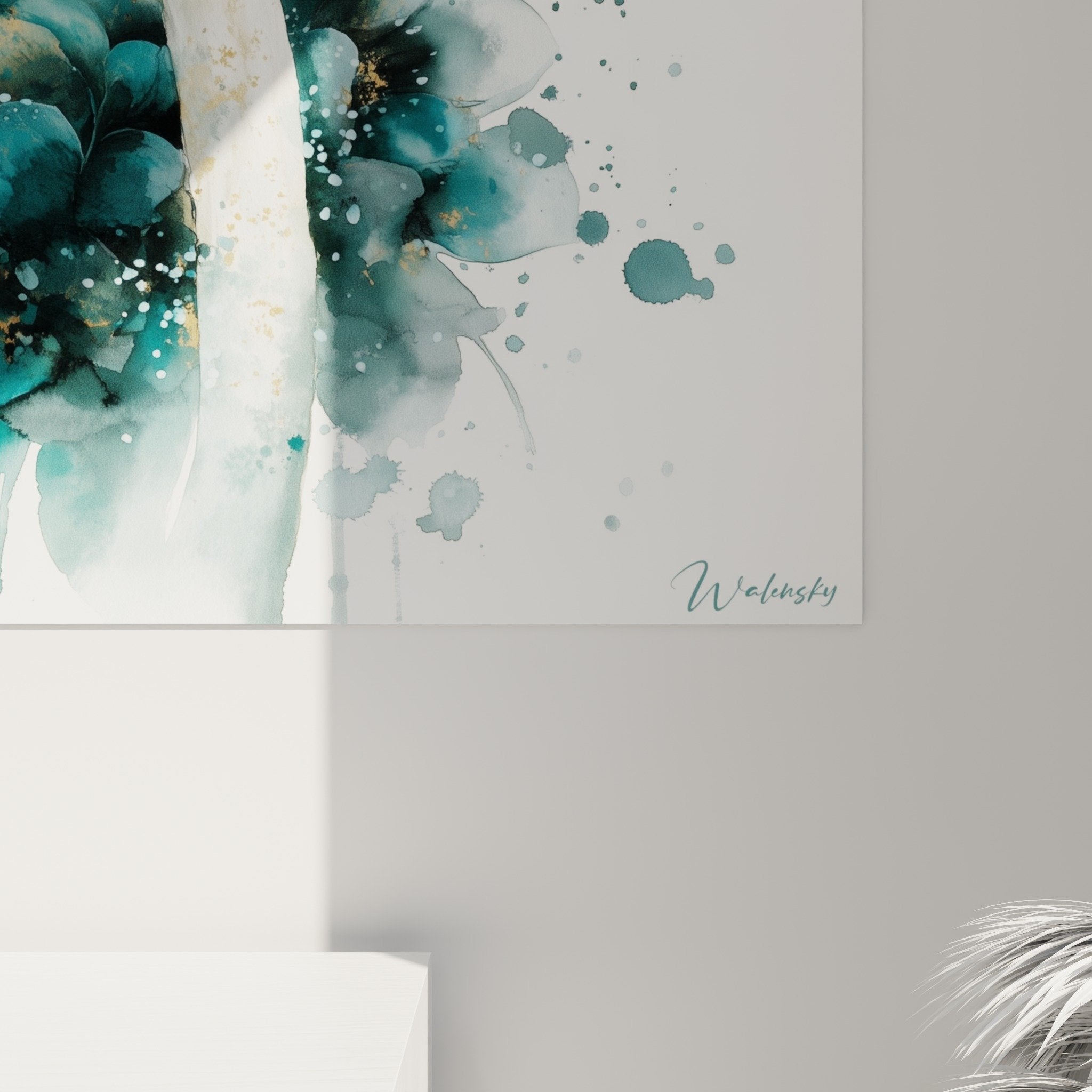 Vue ensemble tableau mural autruche artistique couleurs teal turquoise décoration salon