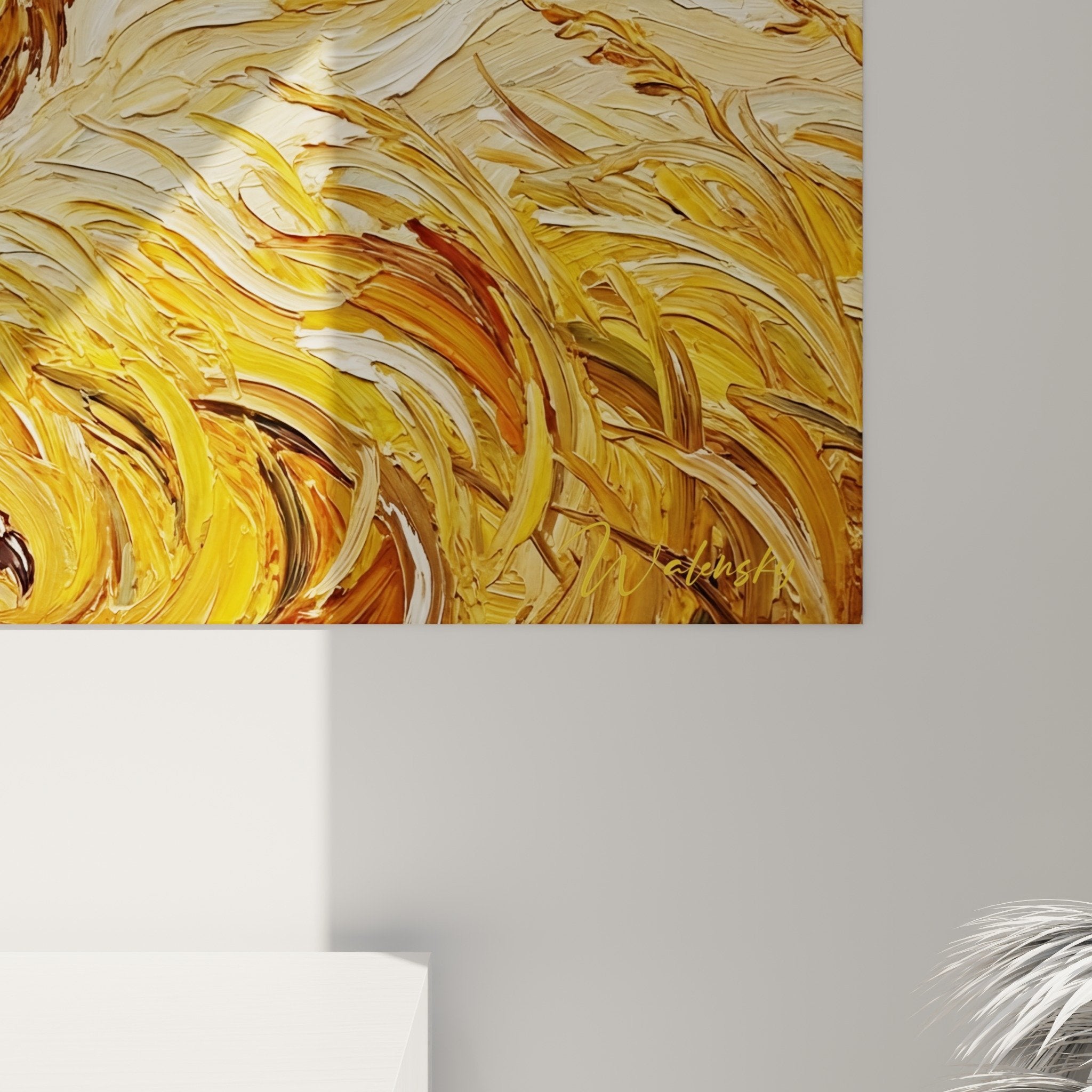 Vue ensemble tableau autruche tourbillonnante couleurs chaudes froides decoration murale artistique