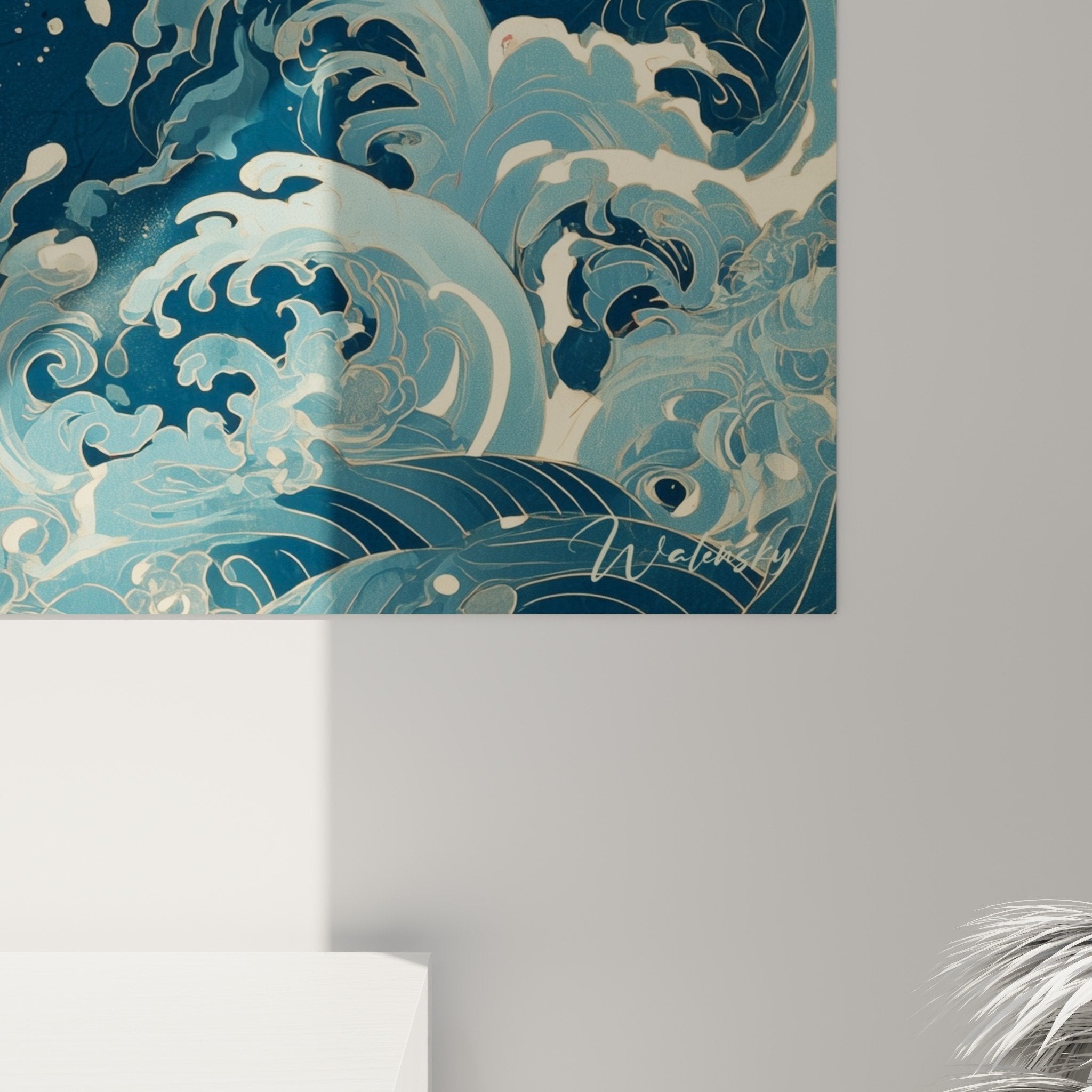 Vue ensemble tableau axolotl aquatique vagues japonaises bleues décoration murale artistique