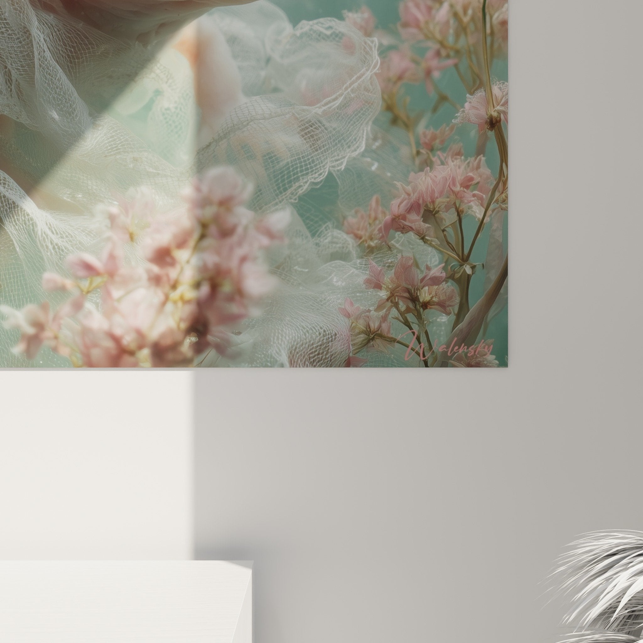 Vue ensemble tableau axolotl blanc dentelle décoration intérieur mural poétique