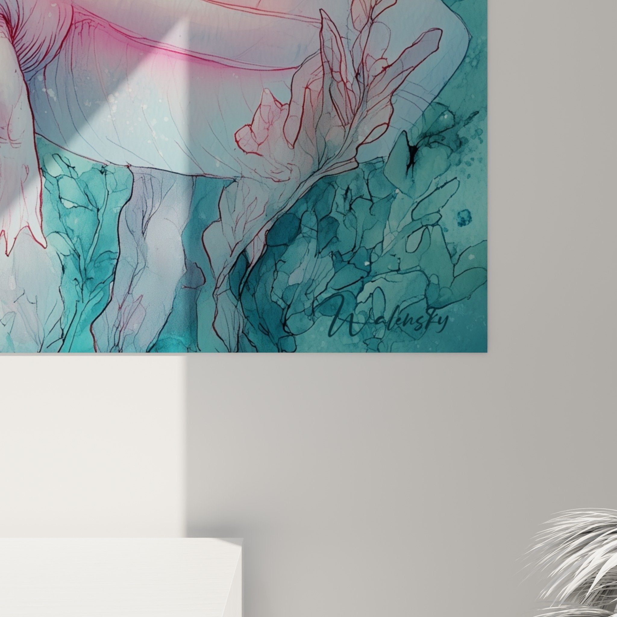 vue ensemble tableau axolotl decoration salon aquatique turquoise