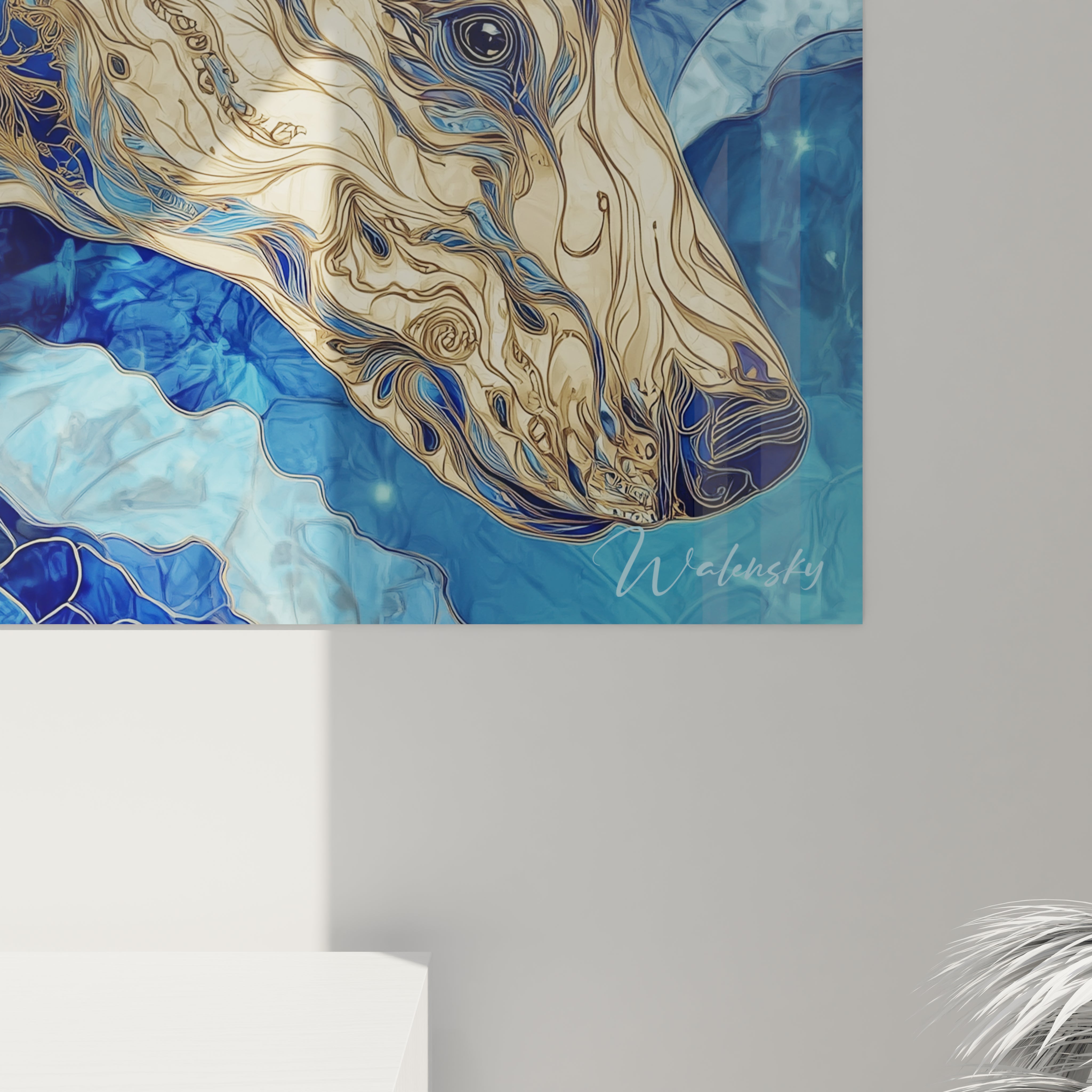 Vue ensemble tableau baleine ornementale art mural océan doré décoration murale marine