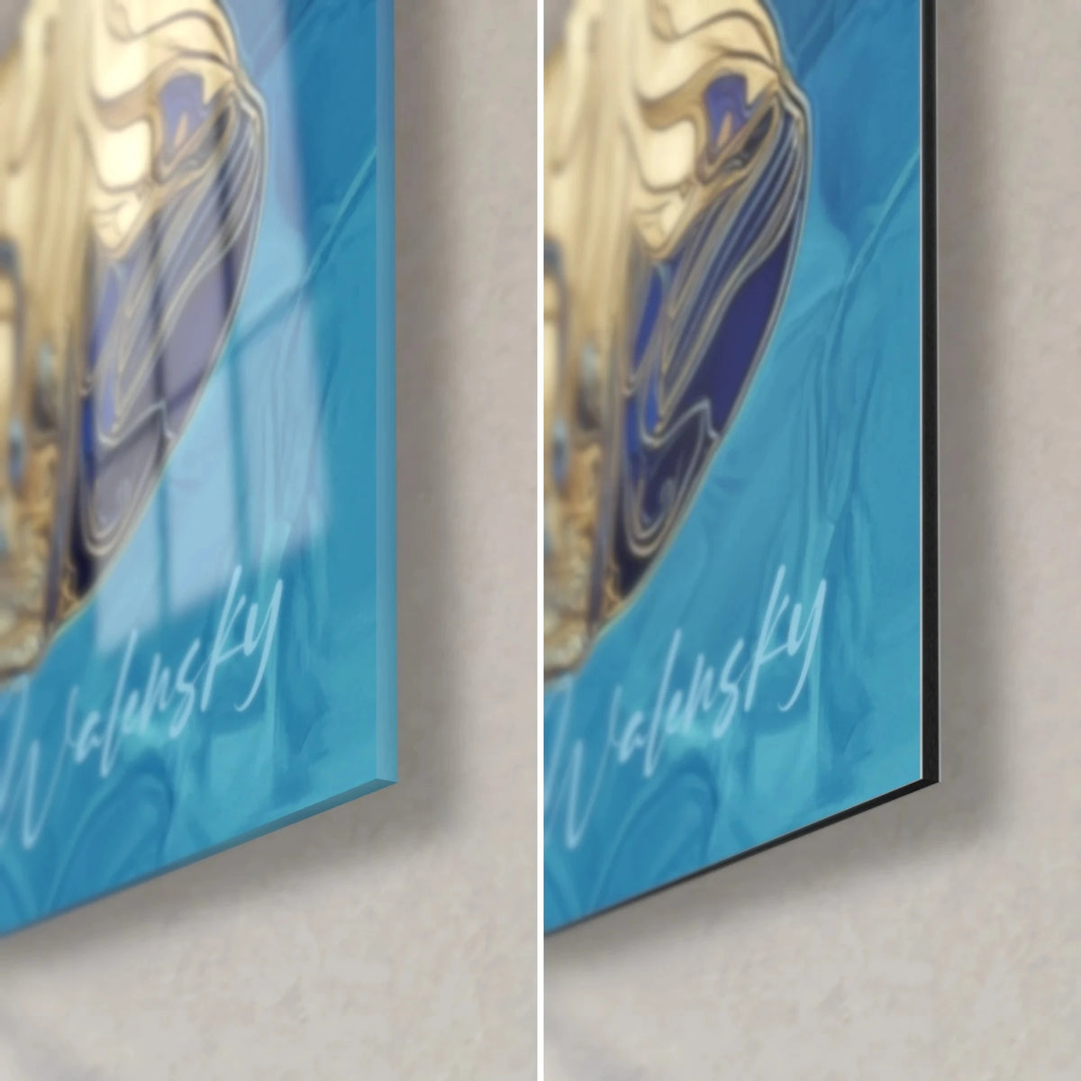 Tableau Andrewsarchus en or et bleu turquoise, coin bas droit : verre brillant à reflets, alu Dibond mat, tranche de 3 mm