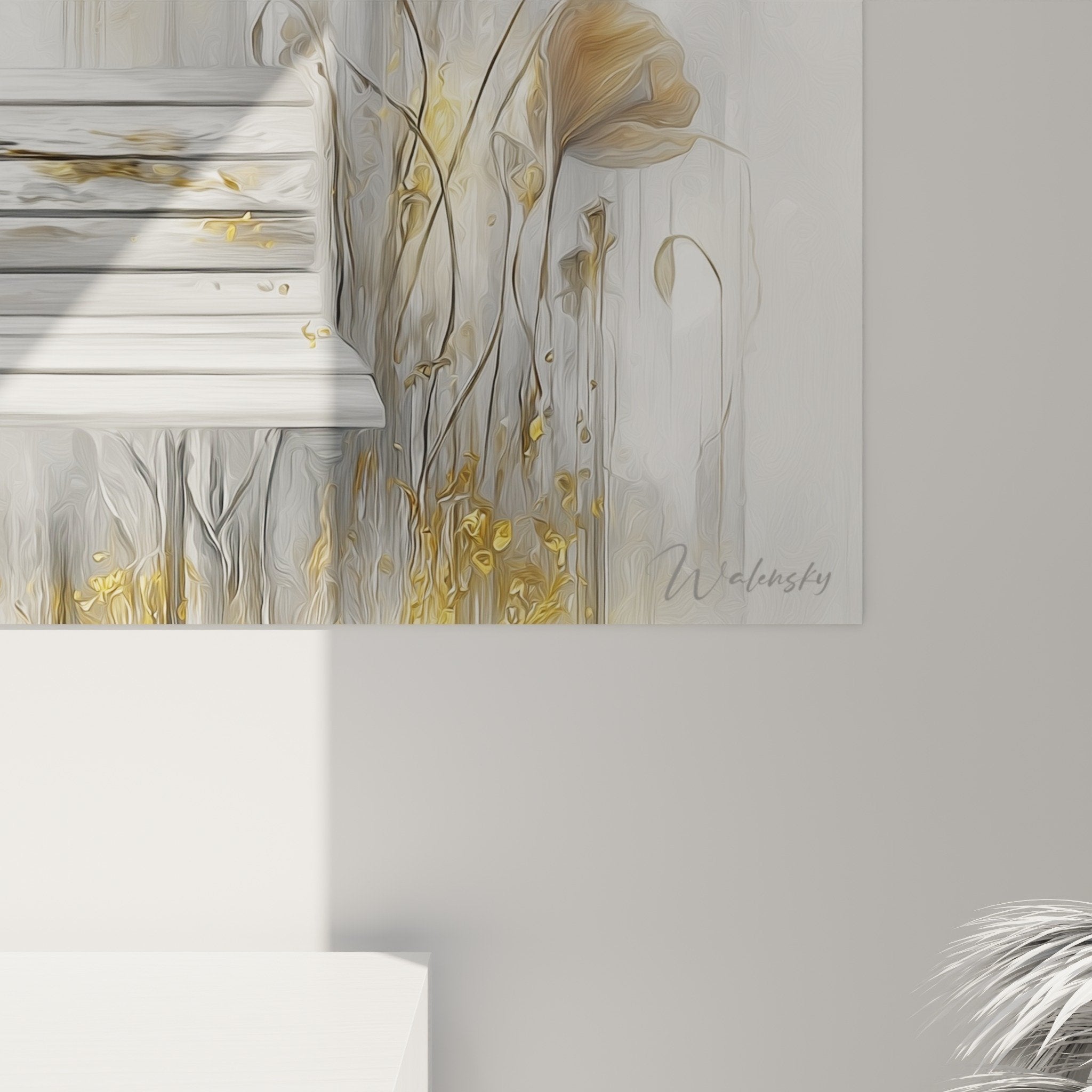 Vista d'insieme quadro murale panca con fiori papaveri decorazione d'interni stile cottage rustico