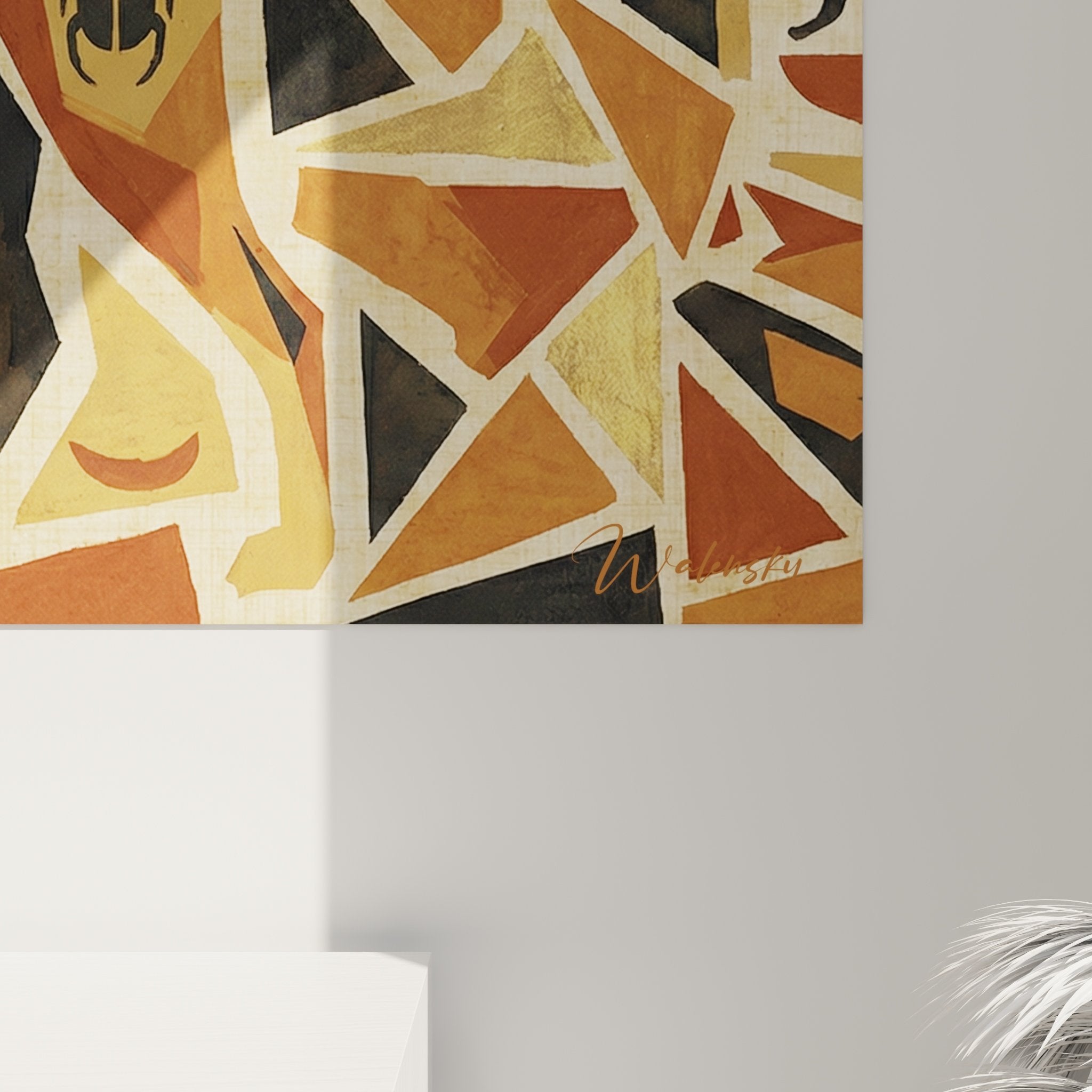 Vista d'insieme quadro Basenji arte contemporanea geometrica decorazione interni moderni tonalità ramate dorate