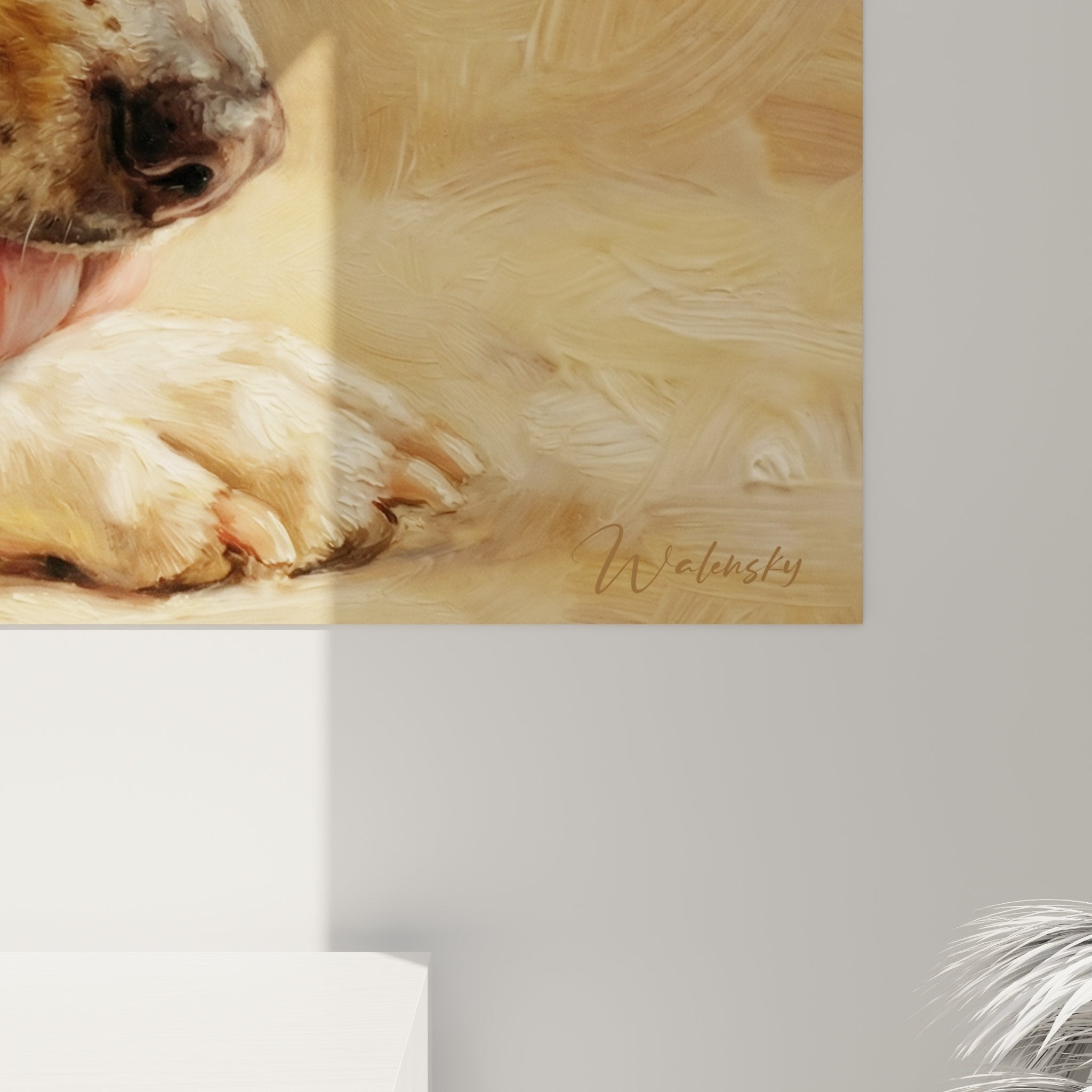 Vista d'insieme quadro Basenji cane rosso disteso decorazione murale arte animalista toni ocra