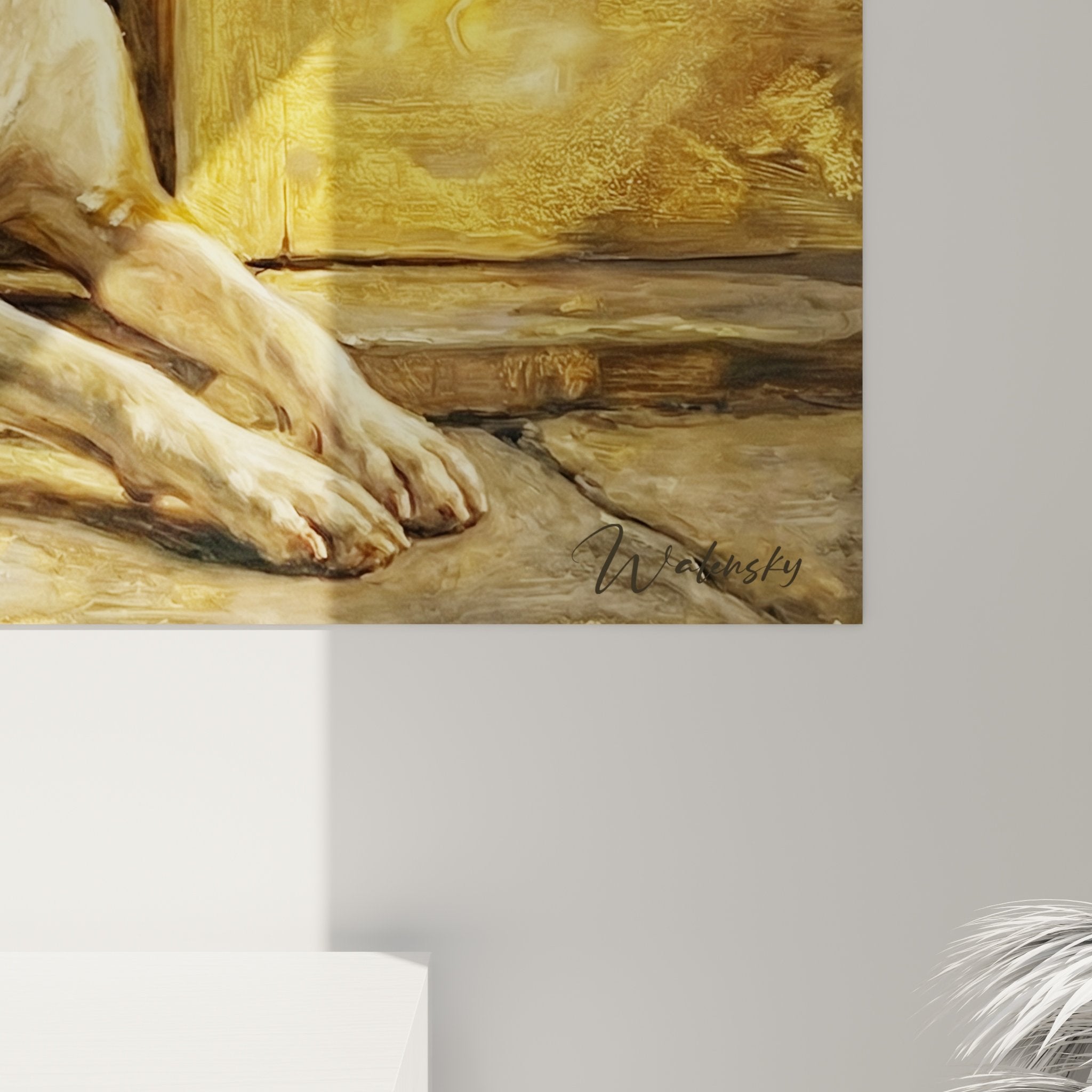 Vue ensemble tableau Basenji décoration intérieur chien au repos fenêtre tons chauds dorés