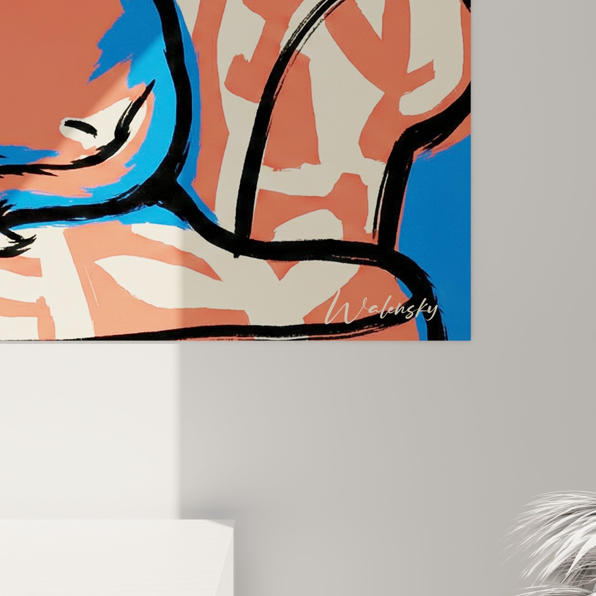 Gesamtansicht Basenji Wandbild moderne Innenraumdekoration Koralle Blau Farben Tierkunst