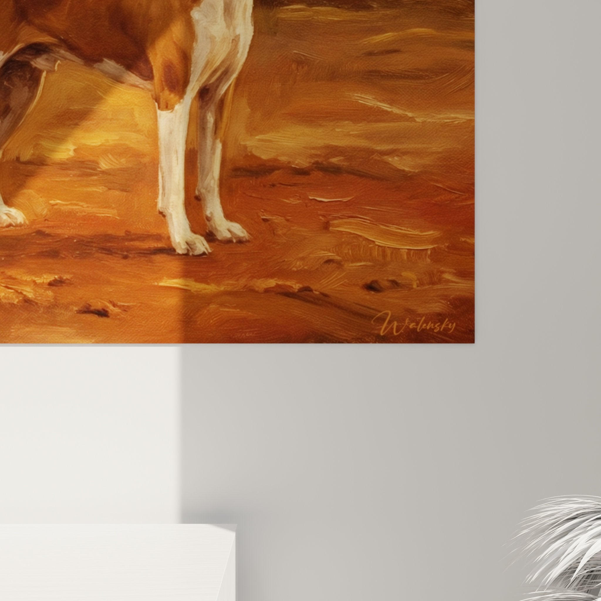 Overall view of Basenji painting African savanna interior decoration colonial style natural warm