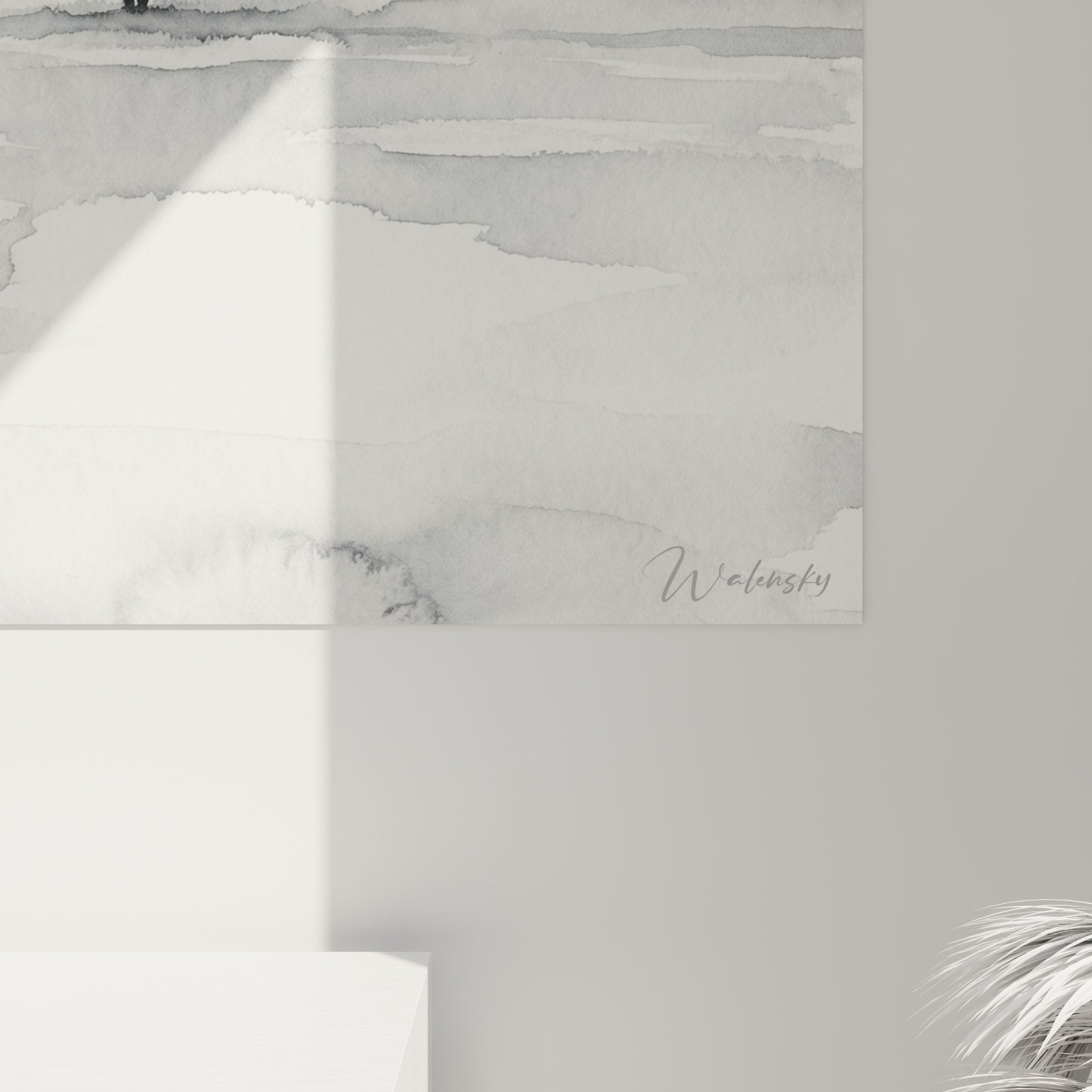 Vue ensemble tableau Basenji paysage hivernal aquarelle salon décoration murale gris