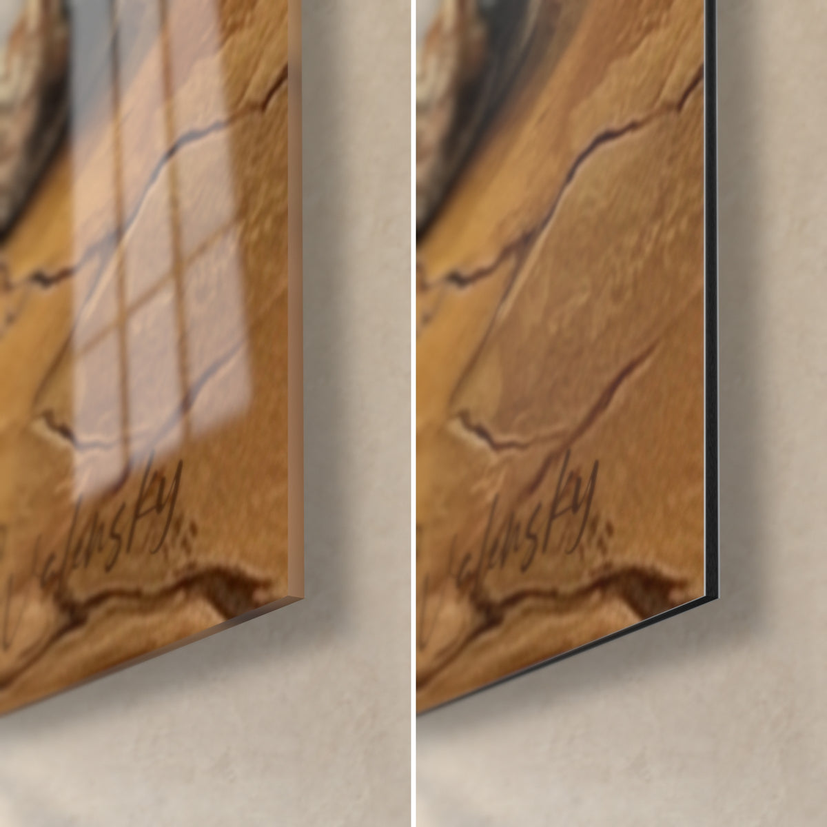 Wall art of a sleeping basset, bottom right corner: glossy acrylic glass with reflections, matte ochre Dibond aluminium, 3 mm edge visible