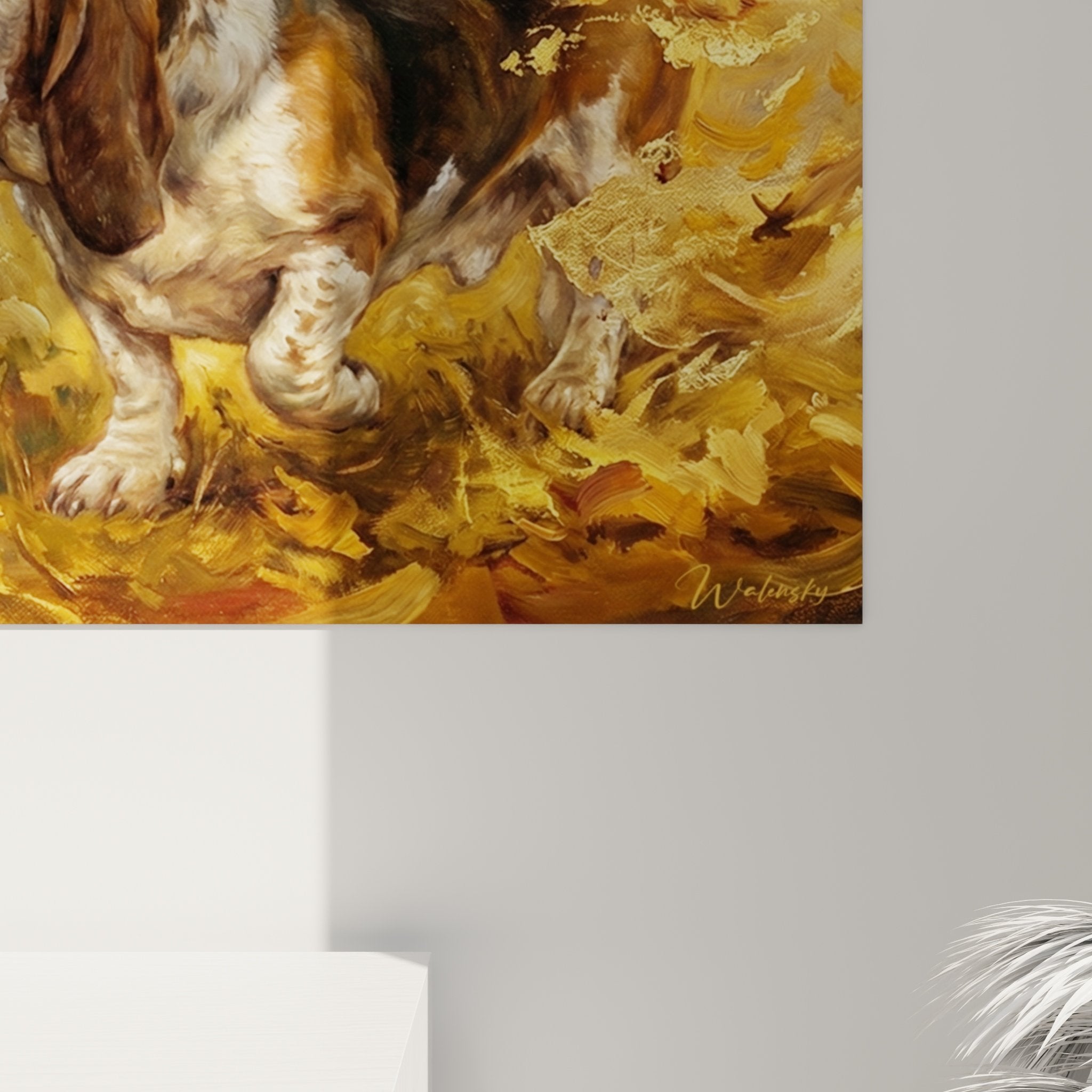 Vista d'insieme quadro Basset Hound scena autunnale foresta colori caldi atmosfera naturale