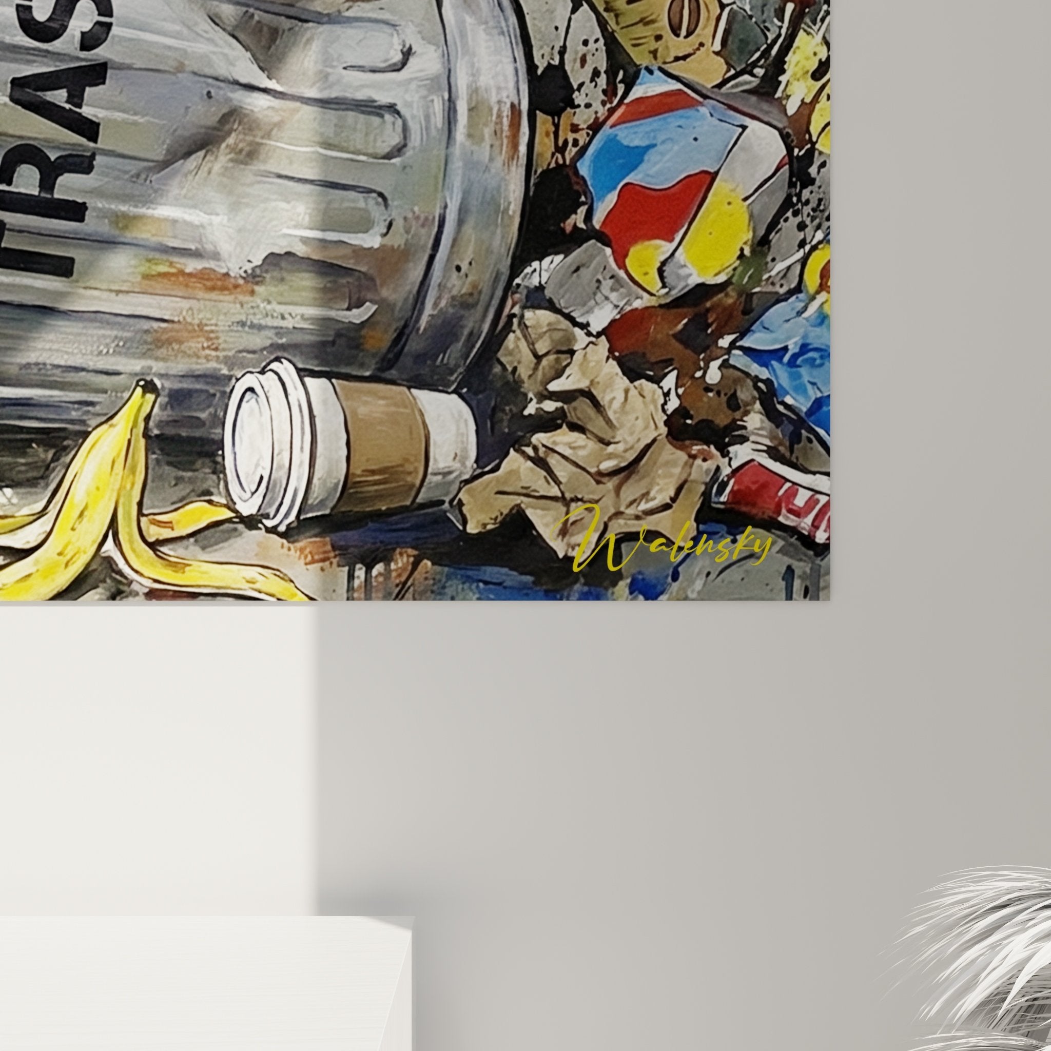 Vue ensemble tableau basset hound poubelle detritus colores fond gris beige art urbain