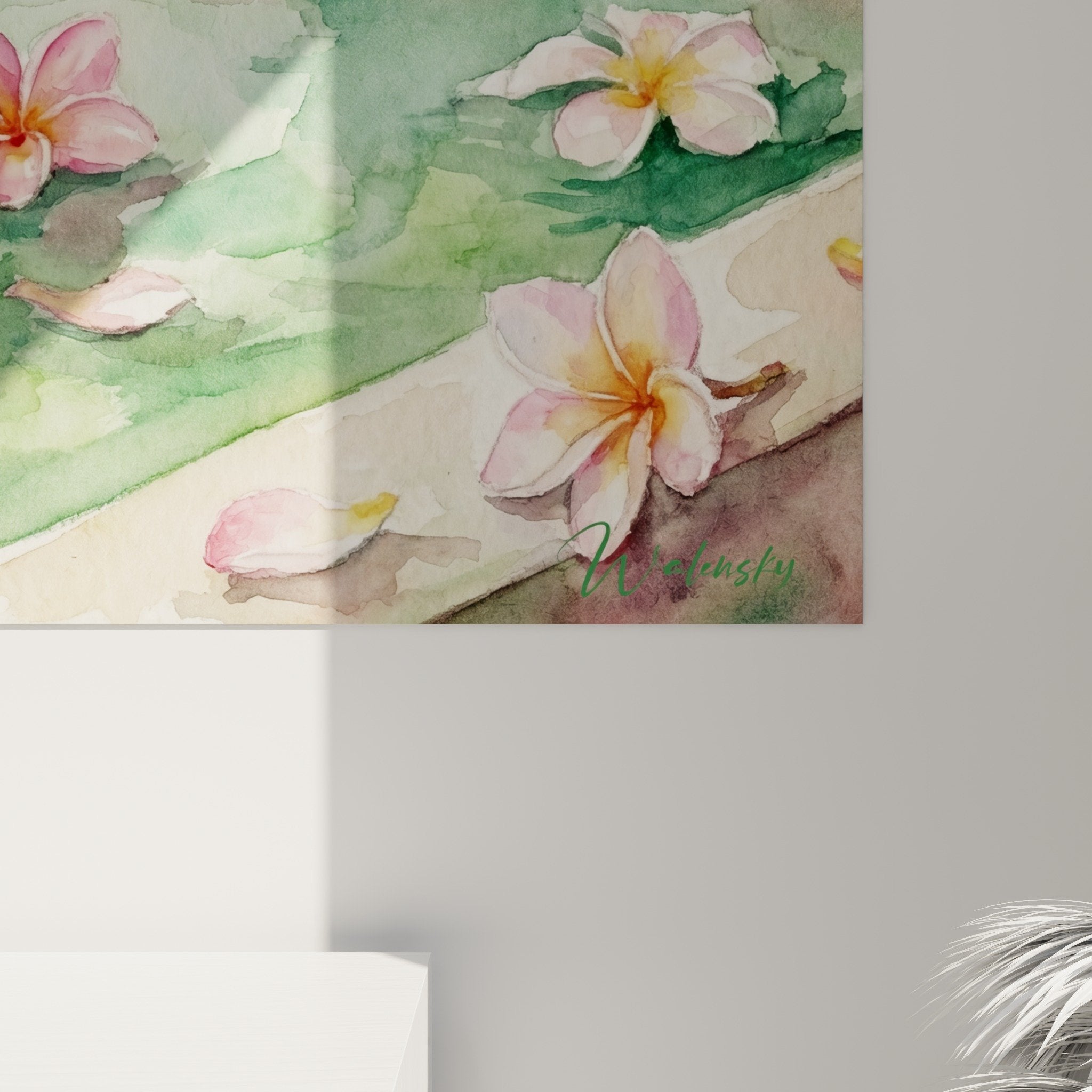 Gesamtansicht Aquarellgemälde Thermalbecken Plumeria-Blüten Dampf Bali-Dekoration