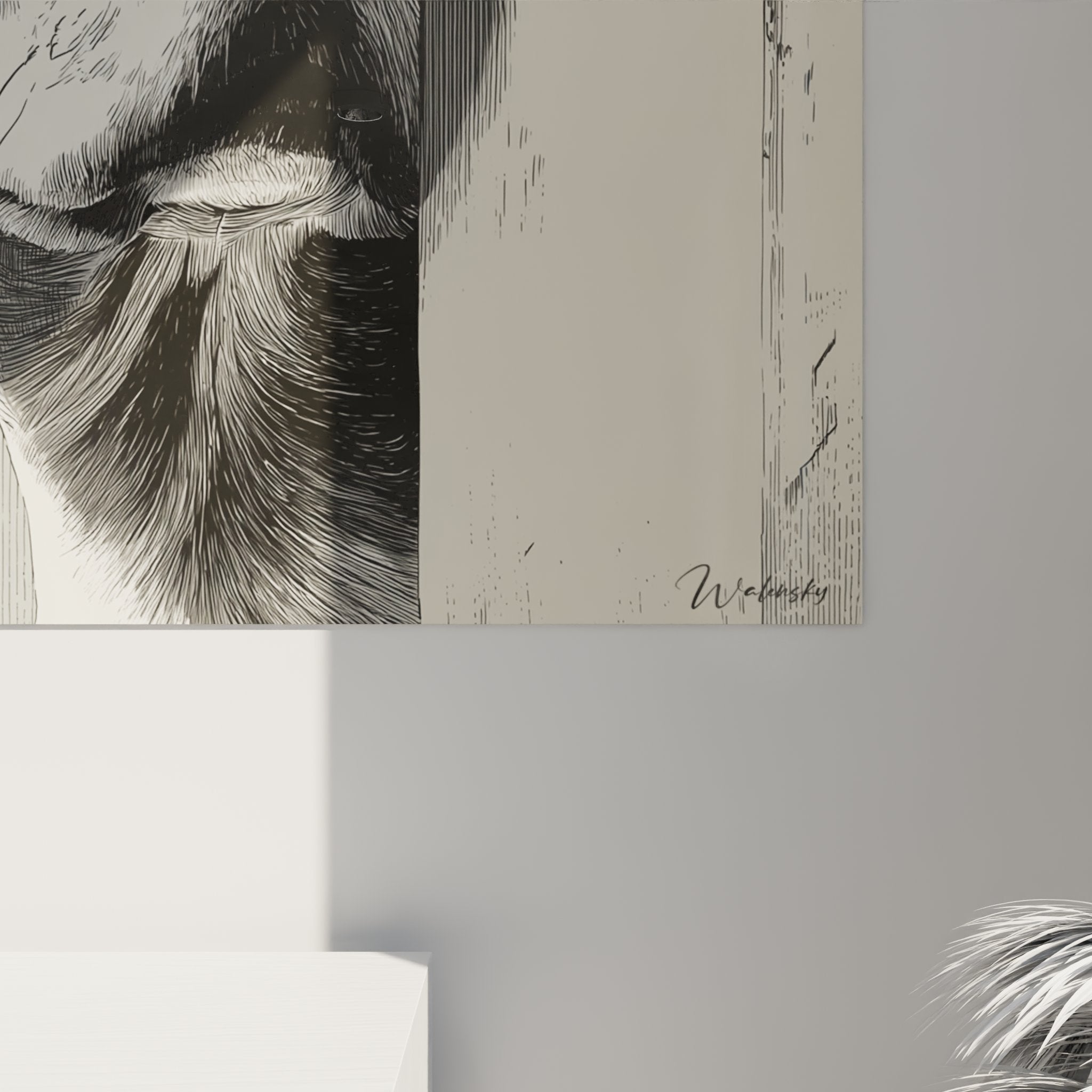 Gesamtansicht Beagle-Porträt Gemälde dreifarbig Wanddekoration Wohnzimmer zeitgenössischer Stil Tierkunst